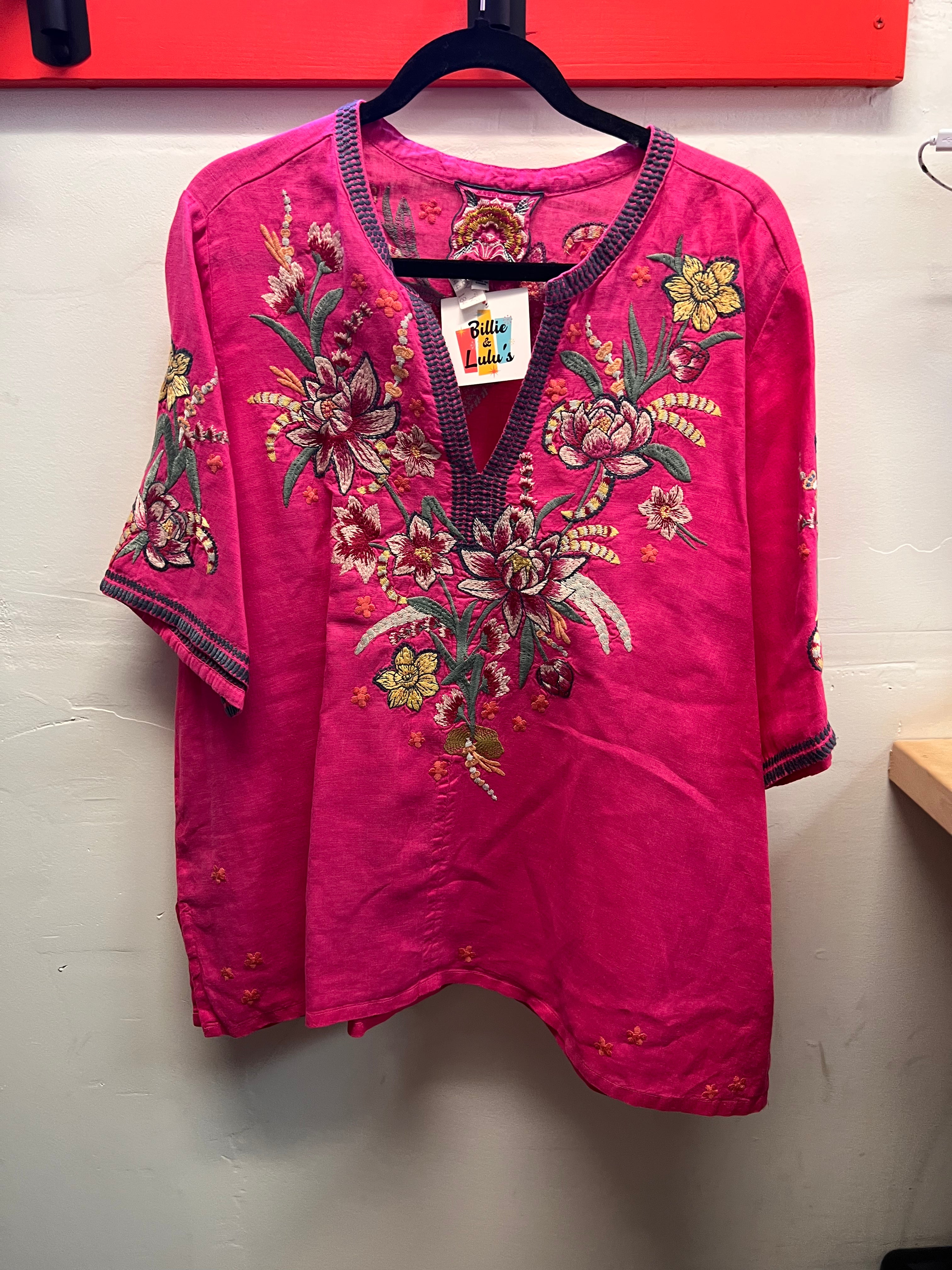 Johnny Was Pink Heavily Embroidered  Pink/Green and Yellow Flowers Blouse