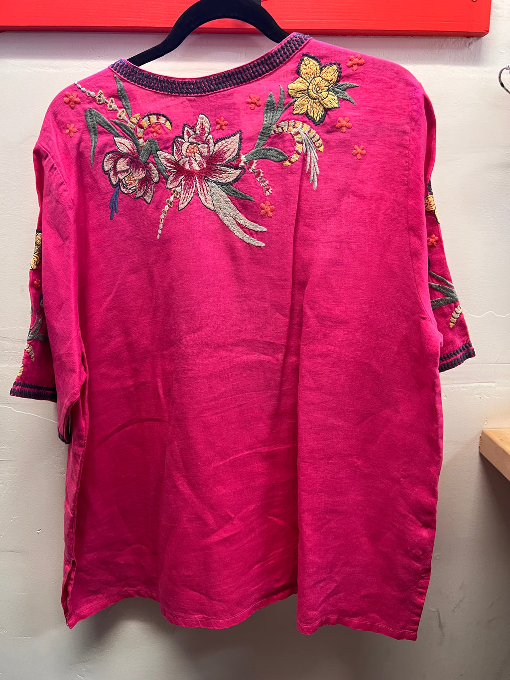 Johnny Was Pink Heavily Embroidered  Pink/Green and Yellow Flowers Blouse