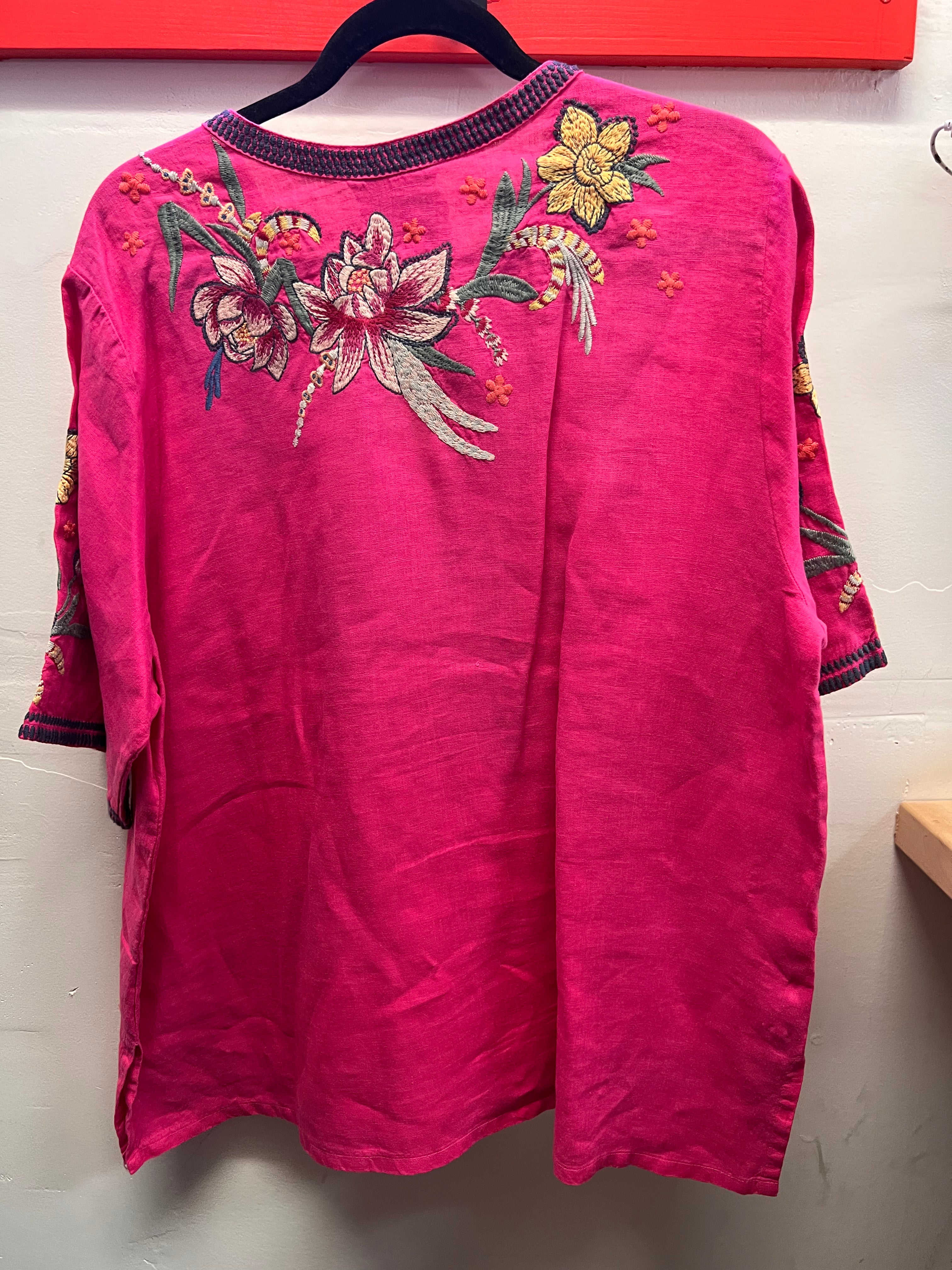 Johnny Was Pink Heavily Embroidered  Pink/Green and Yellow Flowers Blouse