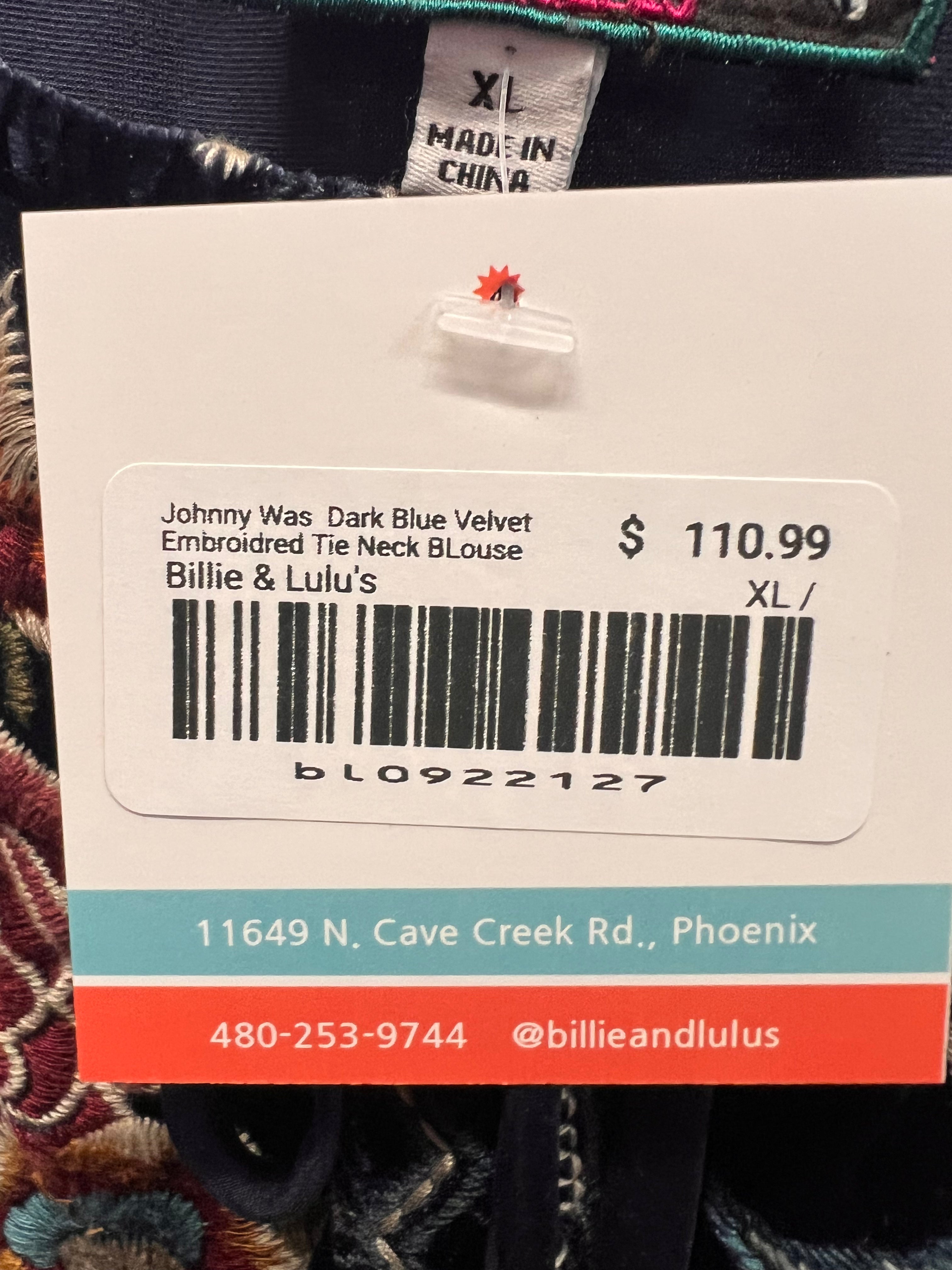 Johnny Was  Dark Blue Velvet Embroidred Tie Neck BLouse