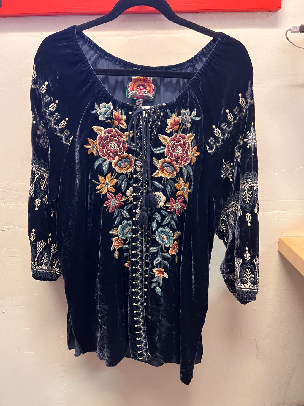 Johnny Was  Dark Blue Velvet Embroidred Tie Neck BLouse