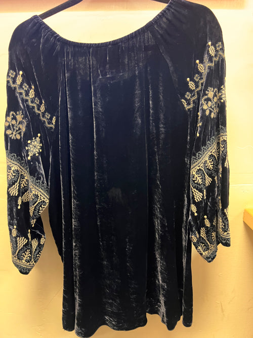 Johnny Was  Dark Blue Velvet Embroidred Tie Neck BLouse