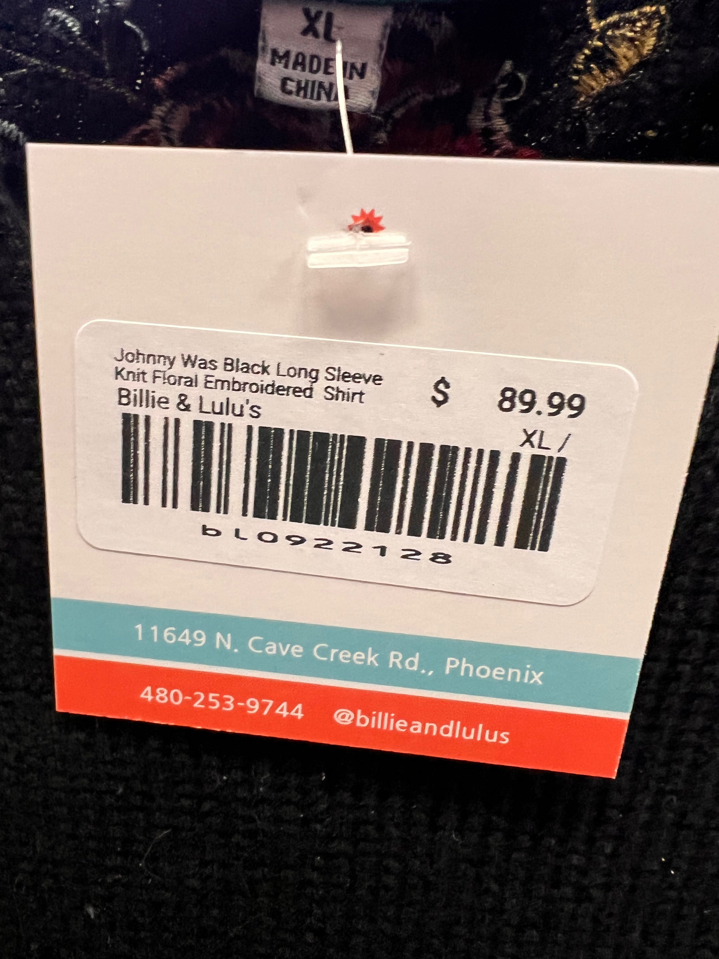 Johnny Was Black Long Sleeve Knit Floral Embroidered  Shirt