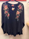 Johnny Was Black Long Sleeve Knit Floral Embroidered  Shirt