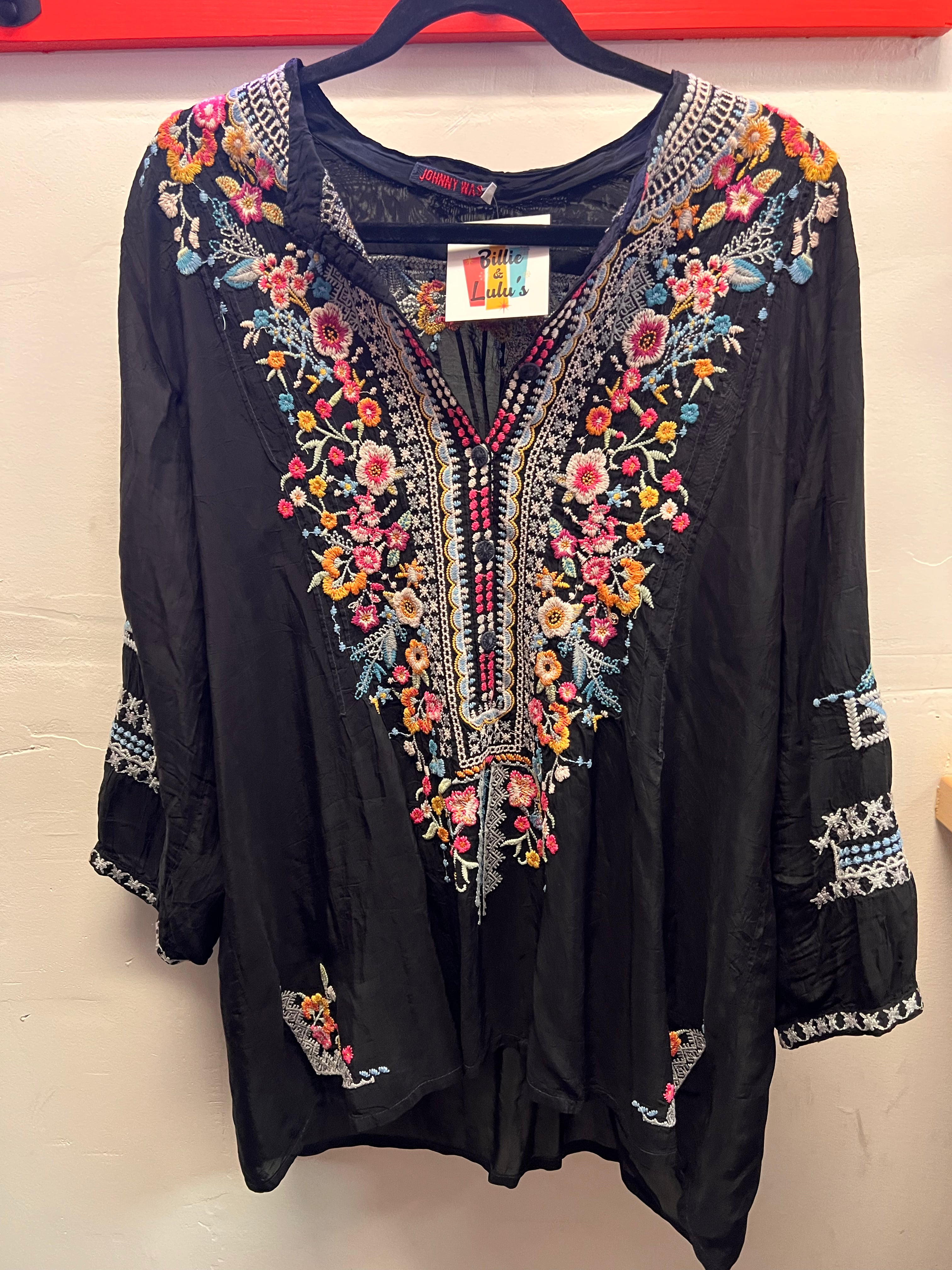 Johnny Was Black with smaller embroidred flowers Blouse