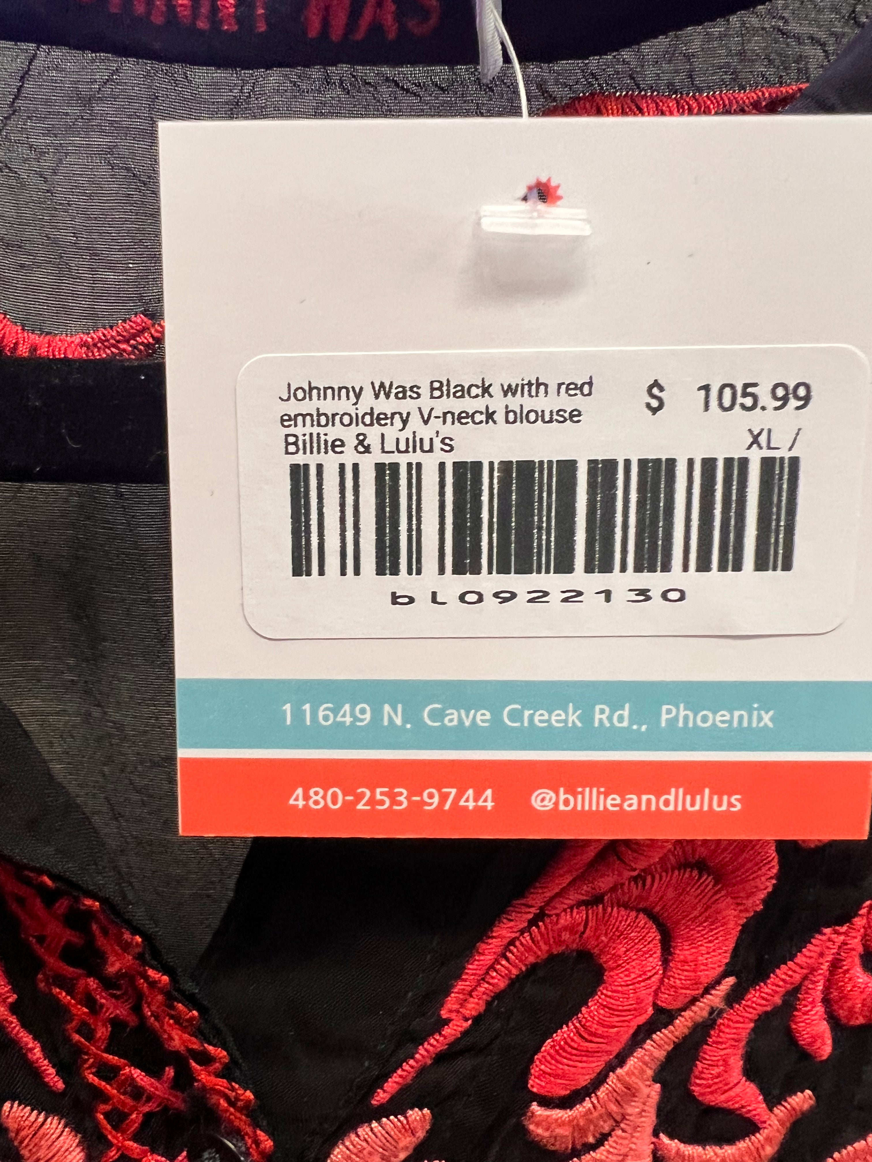 Johnny Was Black with red embroidery V-neck blouse