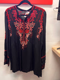Johnny Was Black with red embroidery V-neck blouse