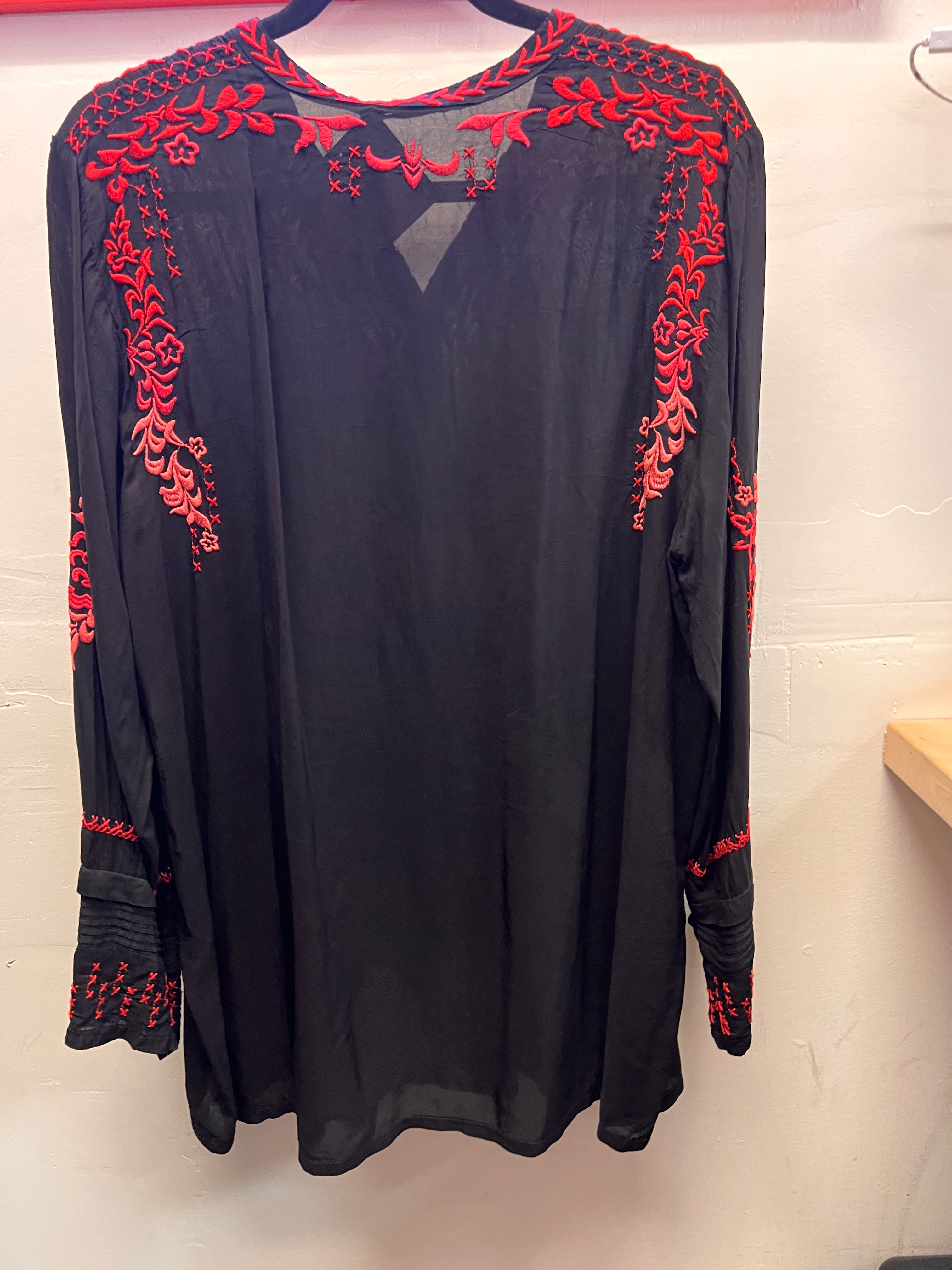 Johnny Was Black with red embroidery V-neck blouse