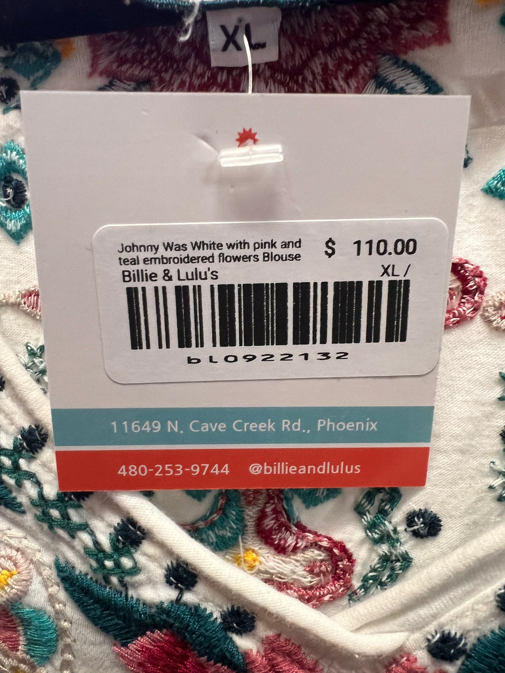 Johnny Was White with pink and teal embroidered flowers Blouse