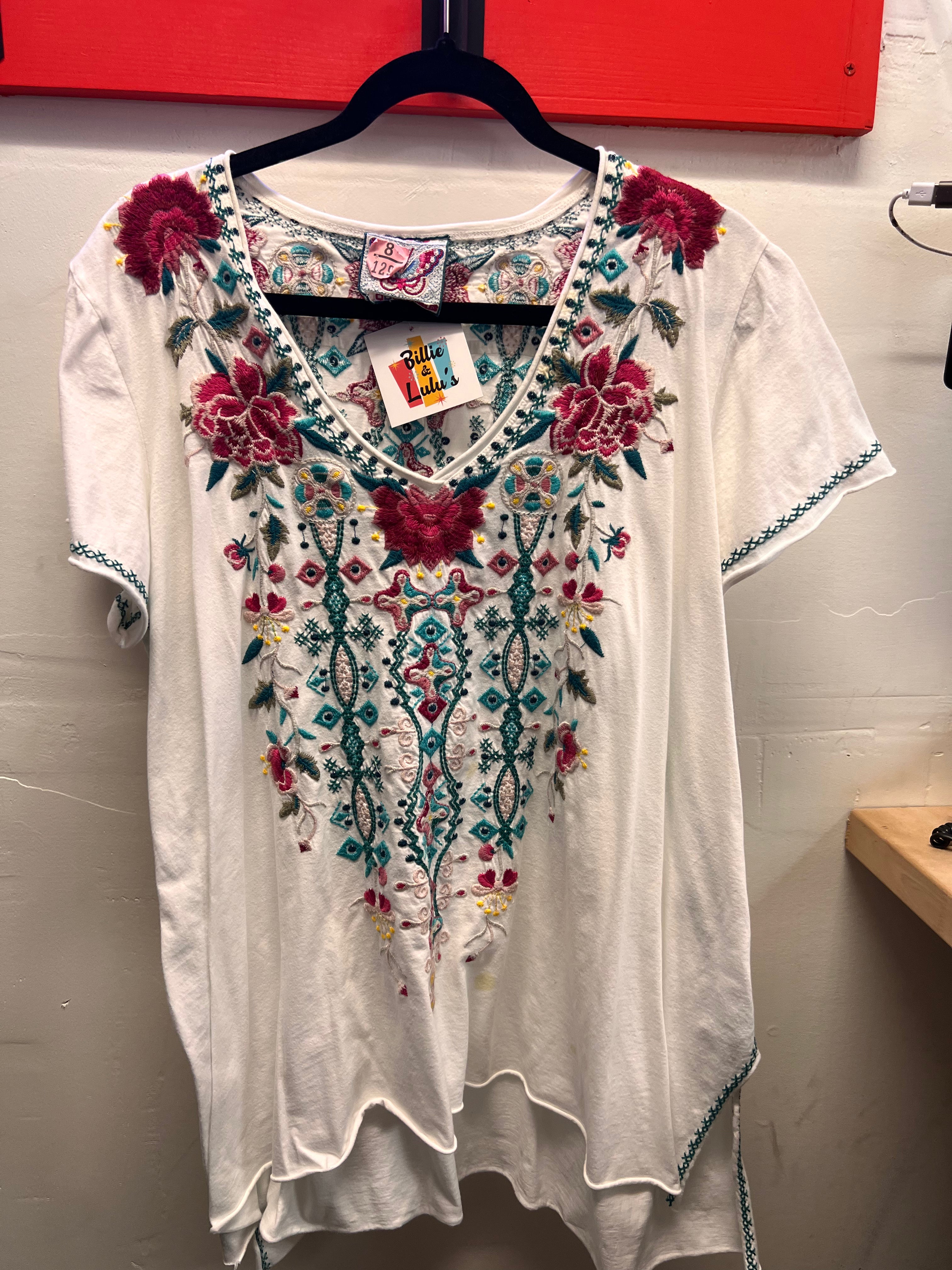 Johnny Was White with pink and teal embroidered flowers Blouse