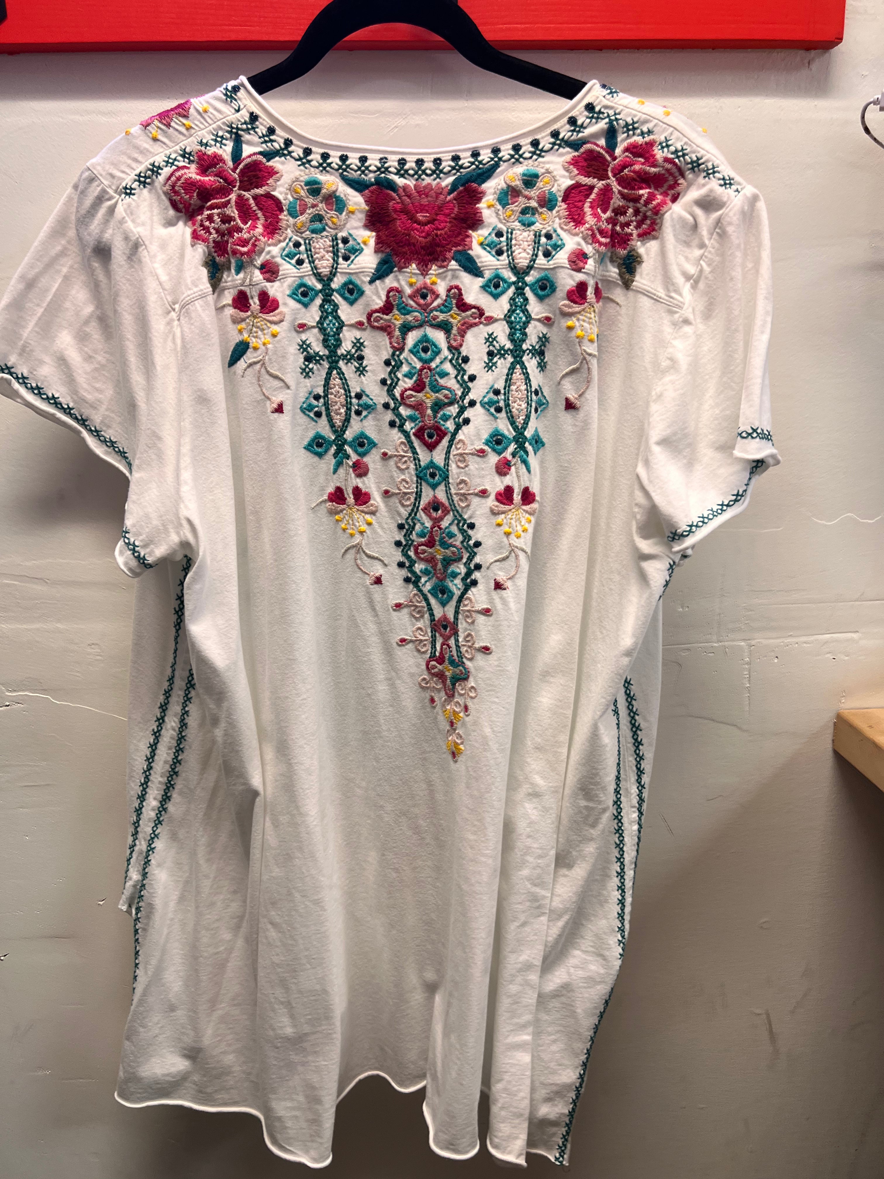 Johnny Was White with pink and teal embroidered flowers Blouse