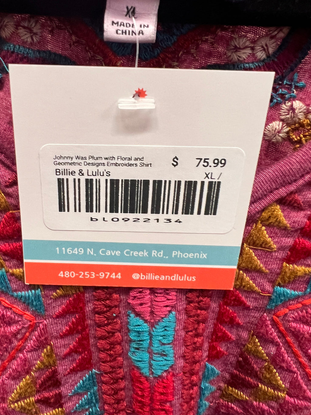 Johnny Was Plum with Floral and Geometric Designs Embroiders Shirt