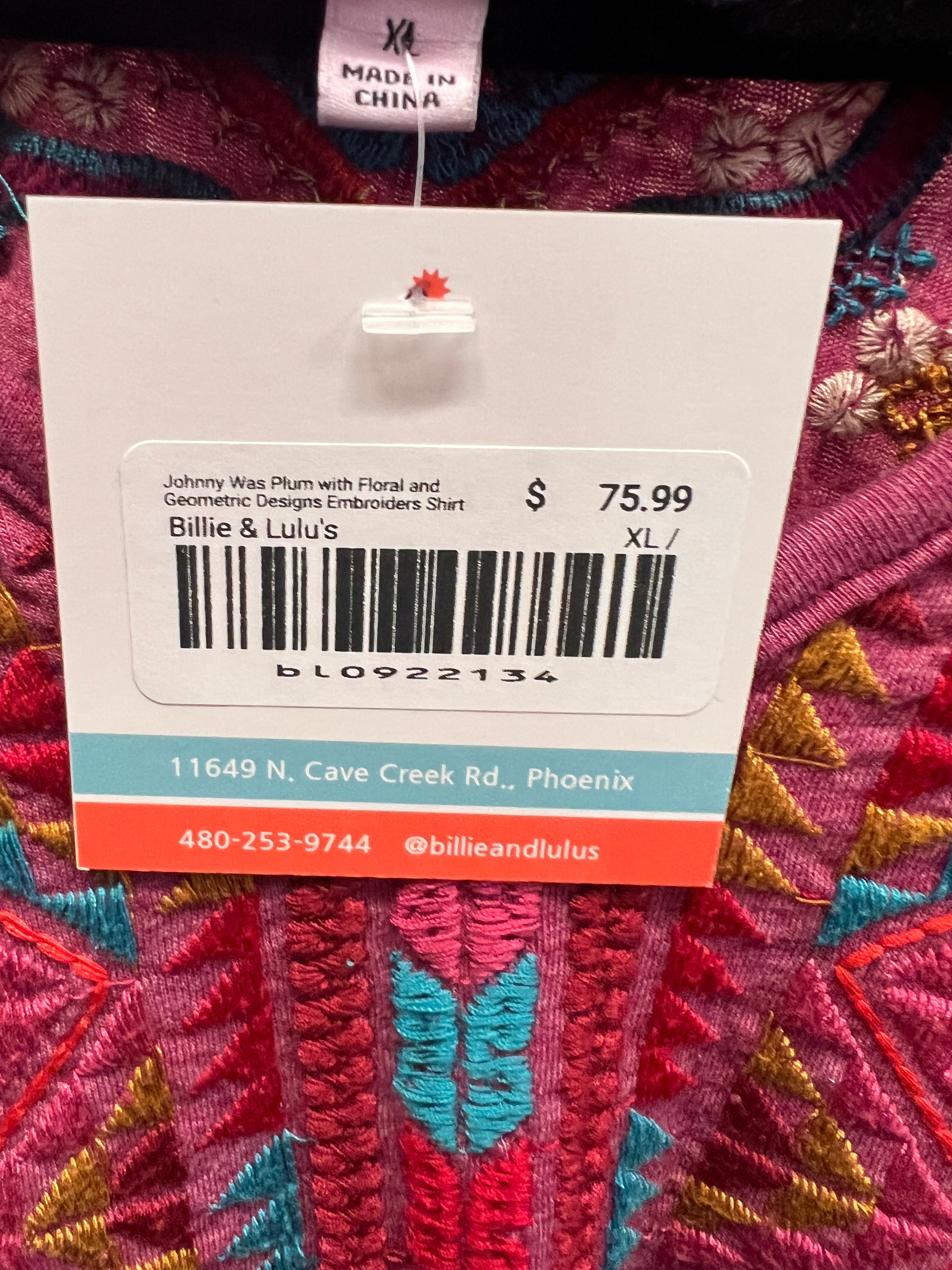 Johnny Was Plum with Floral and Geometric Designs Embroiders Shirt