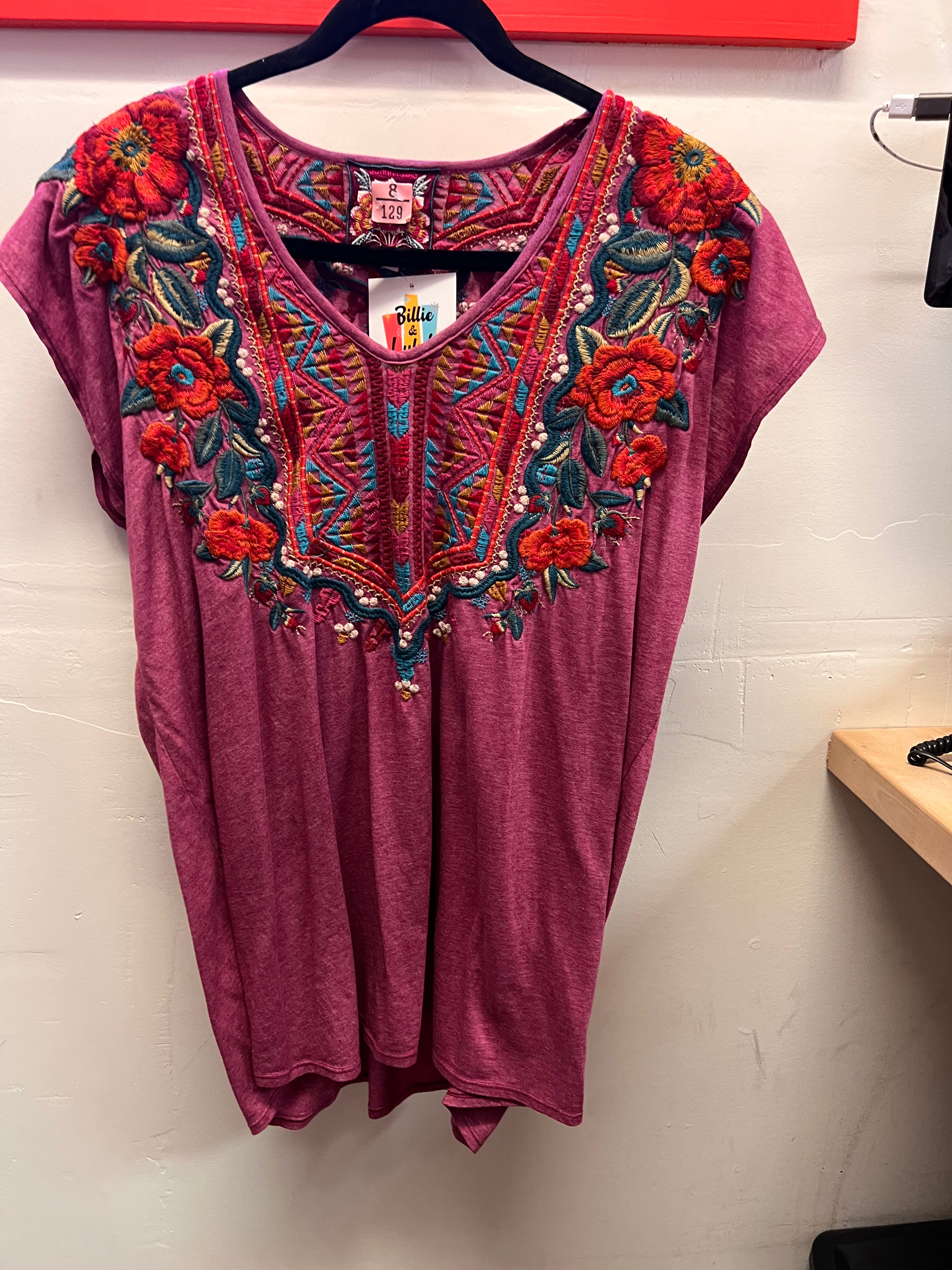 Johnny Was Plum with Floral and Geometric Designs Embroiders Shirt