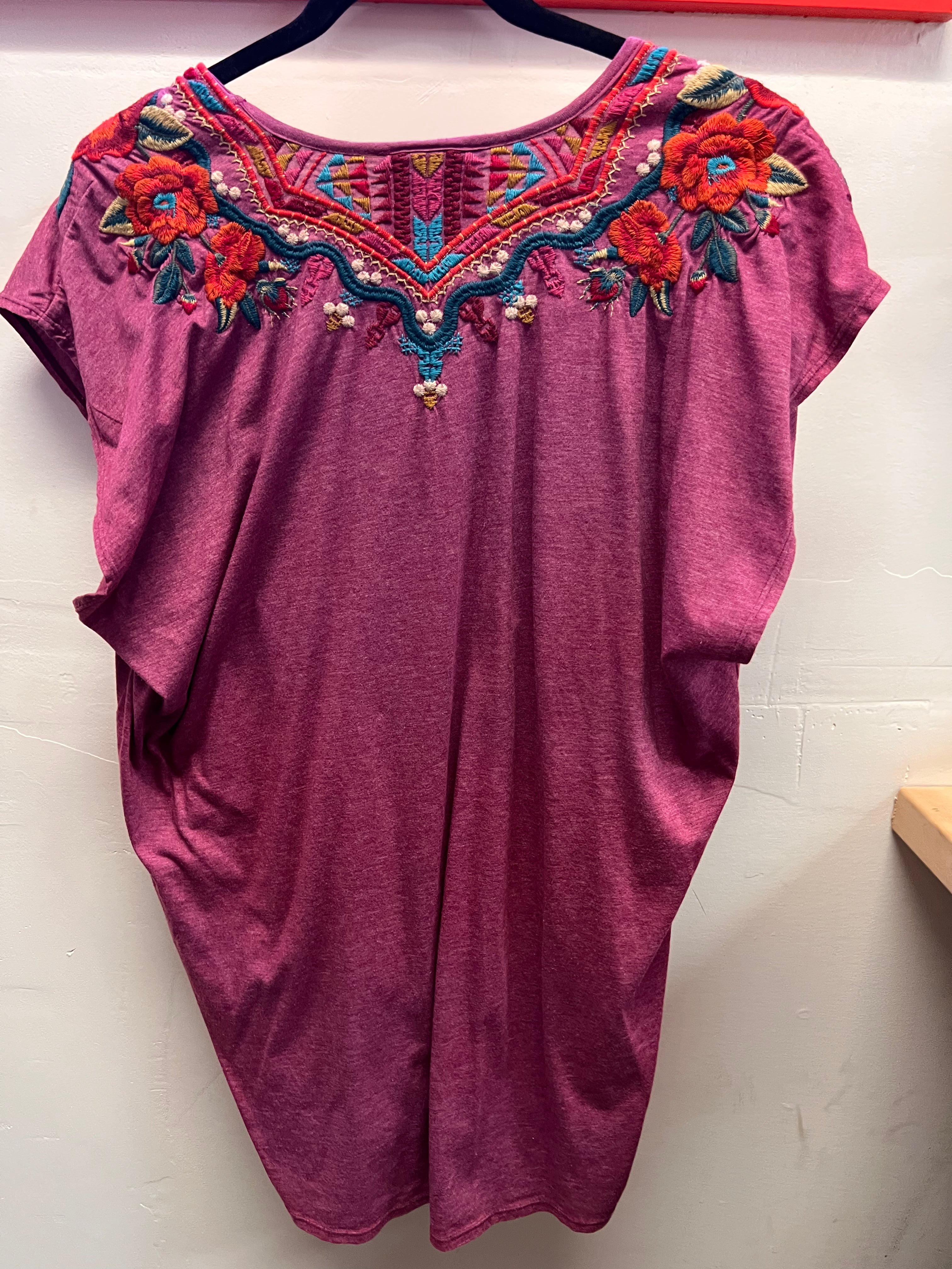 Johnny Was Plum with Floral and Geometric Designs Embroiders Shirt