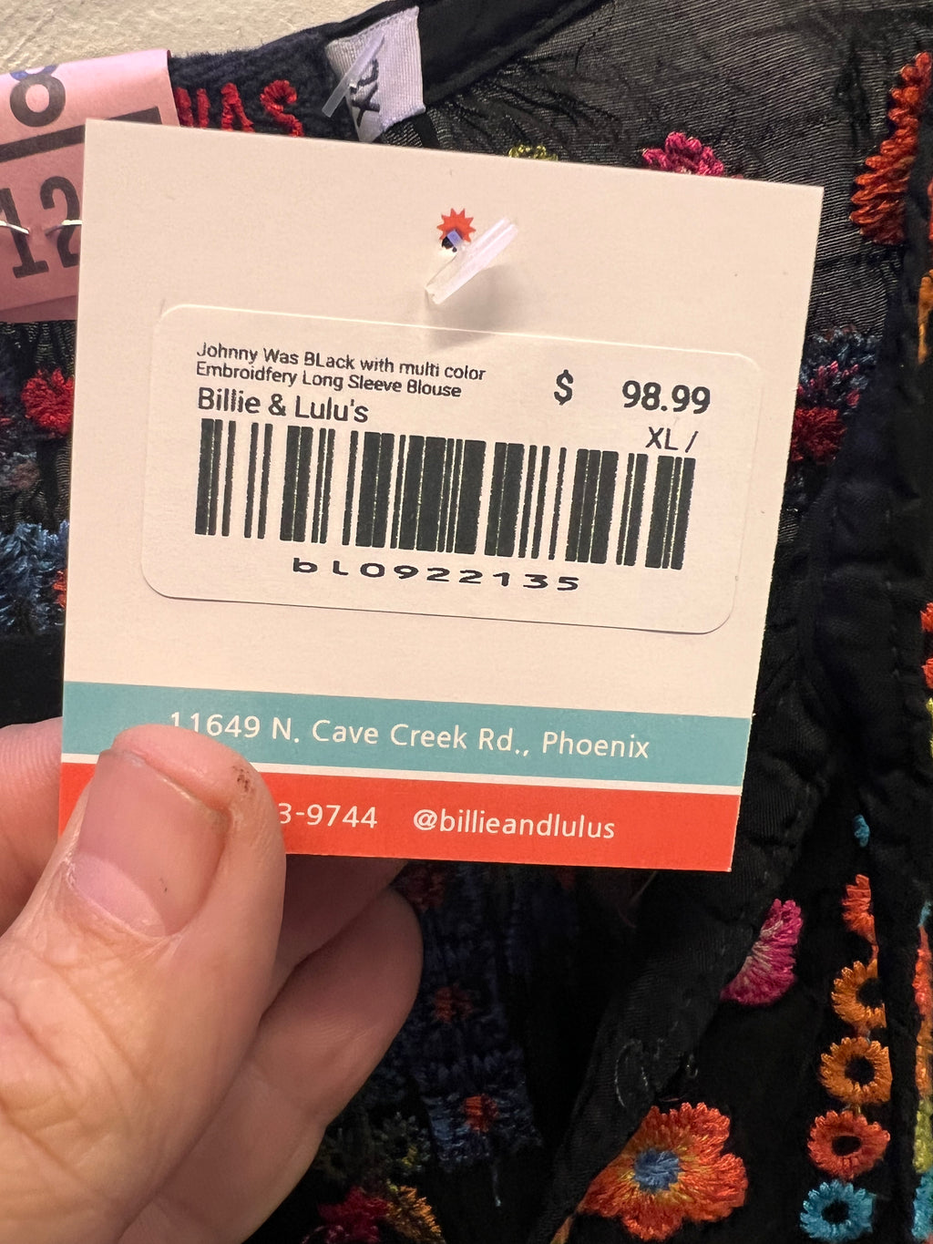 Johnny Was BLack with multi color Embroidfery Long Sleeve Blouse