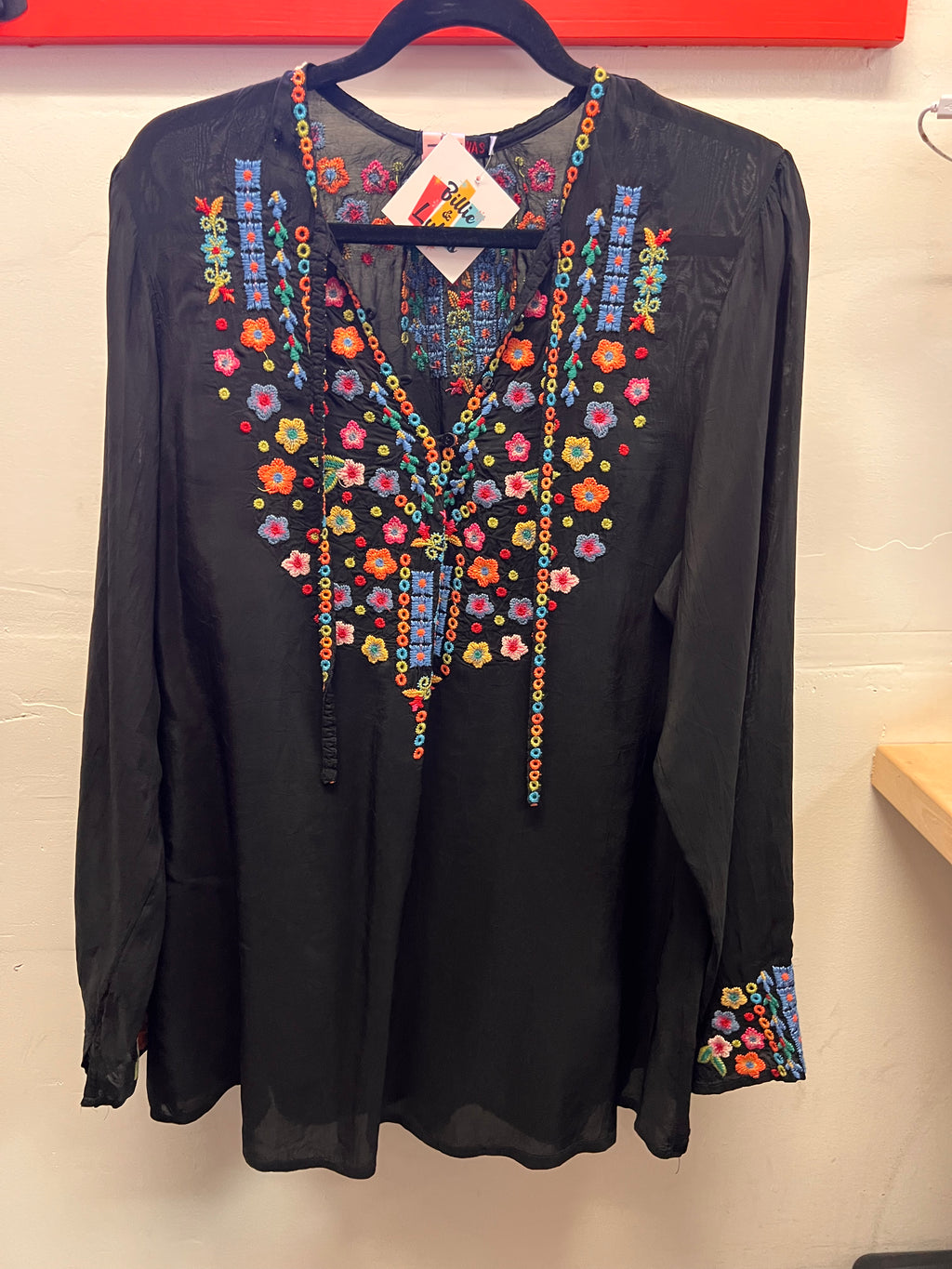 Johnny Was BLack with multi color Embroidfery Long Sleeve Blouse