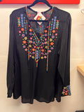 Johnny Was BLack with multi color Embroidfery Long Sleeve Blouse