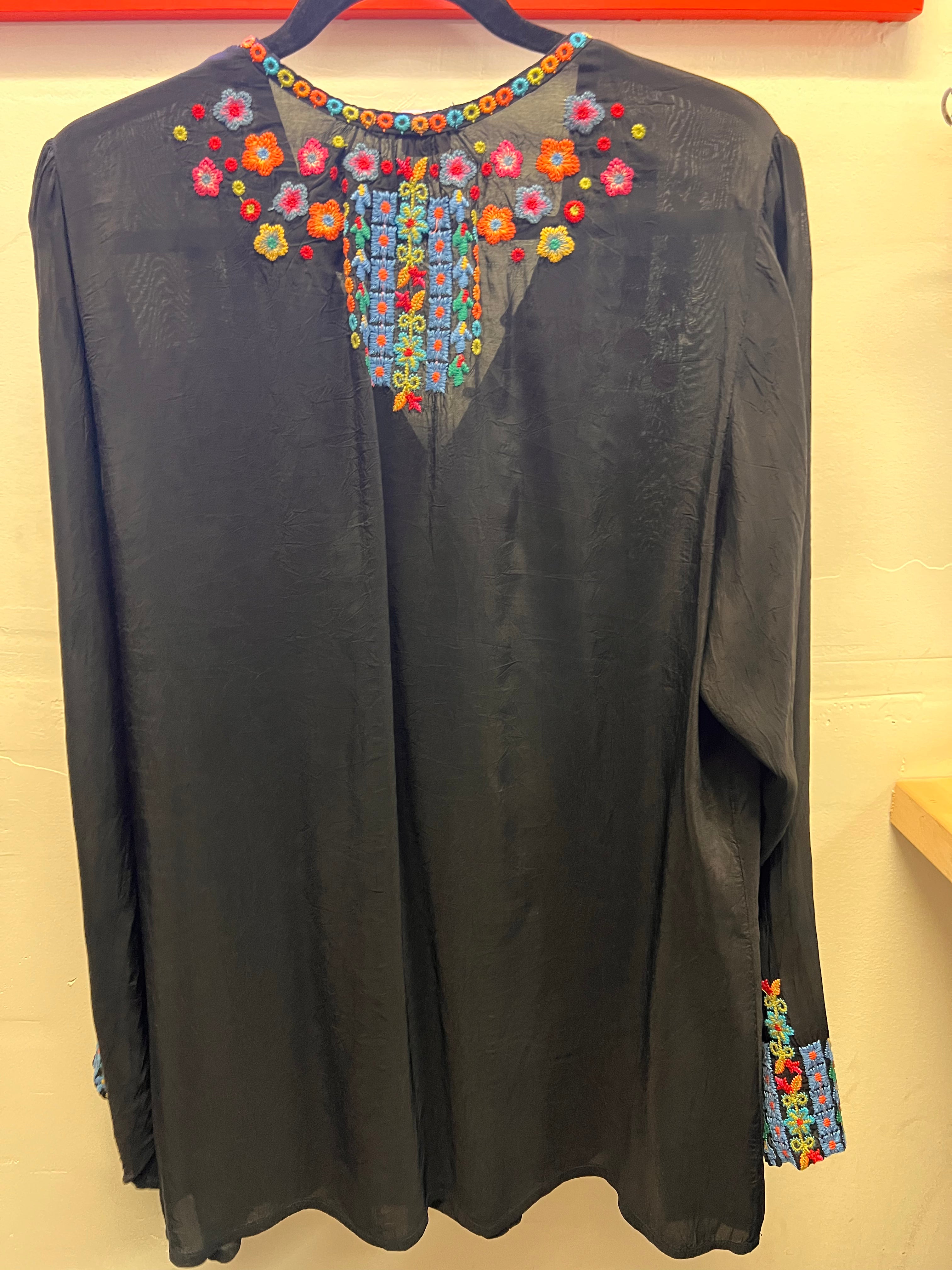 Johnny Was BLack with multi color Embroidfery Long Sleeve Blouse