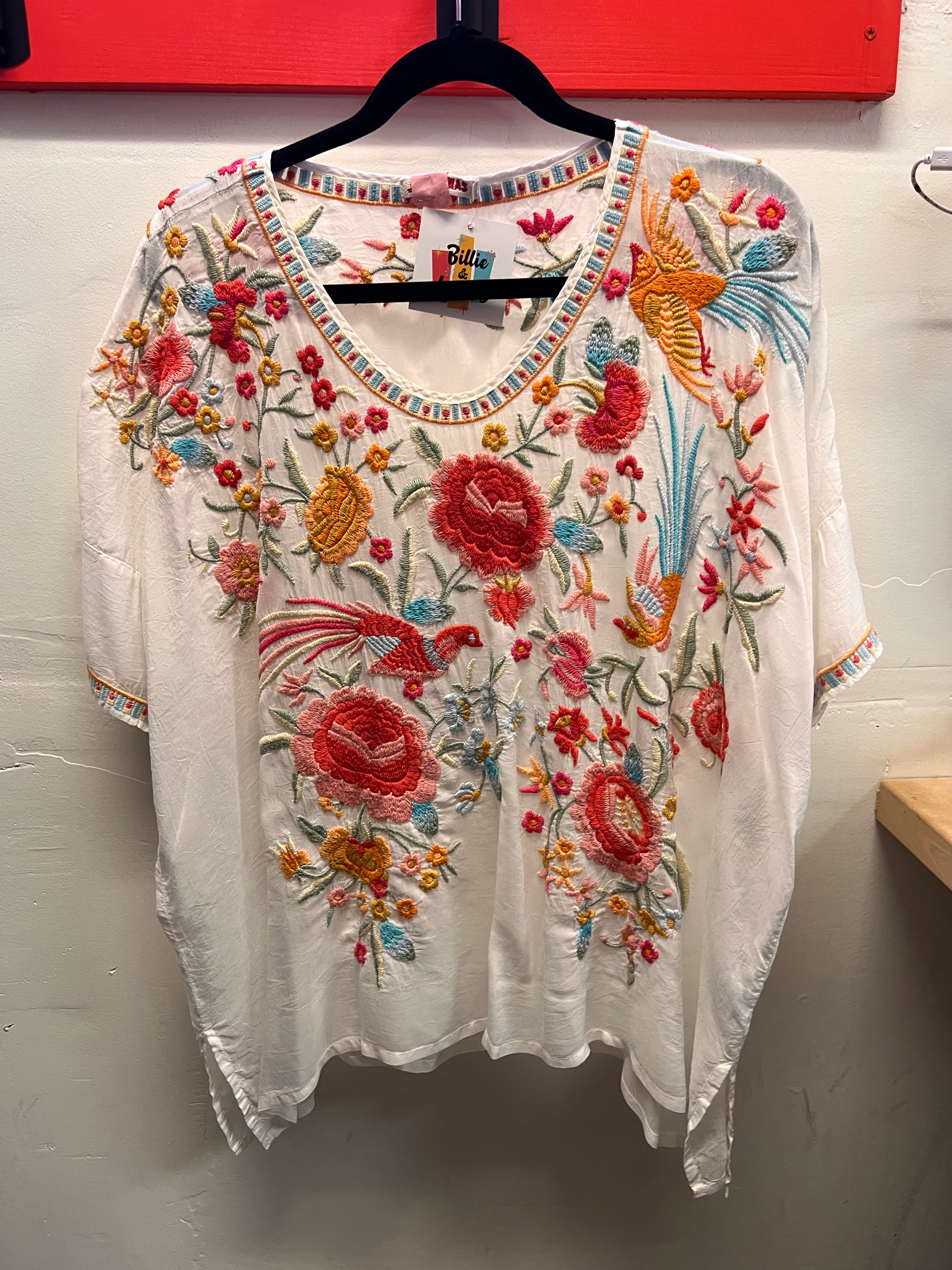 Johnny Was White with pink and orange floral embroidery Blouse
