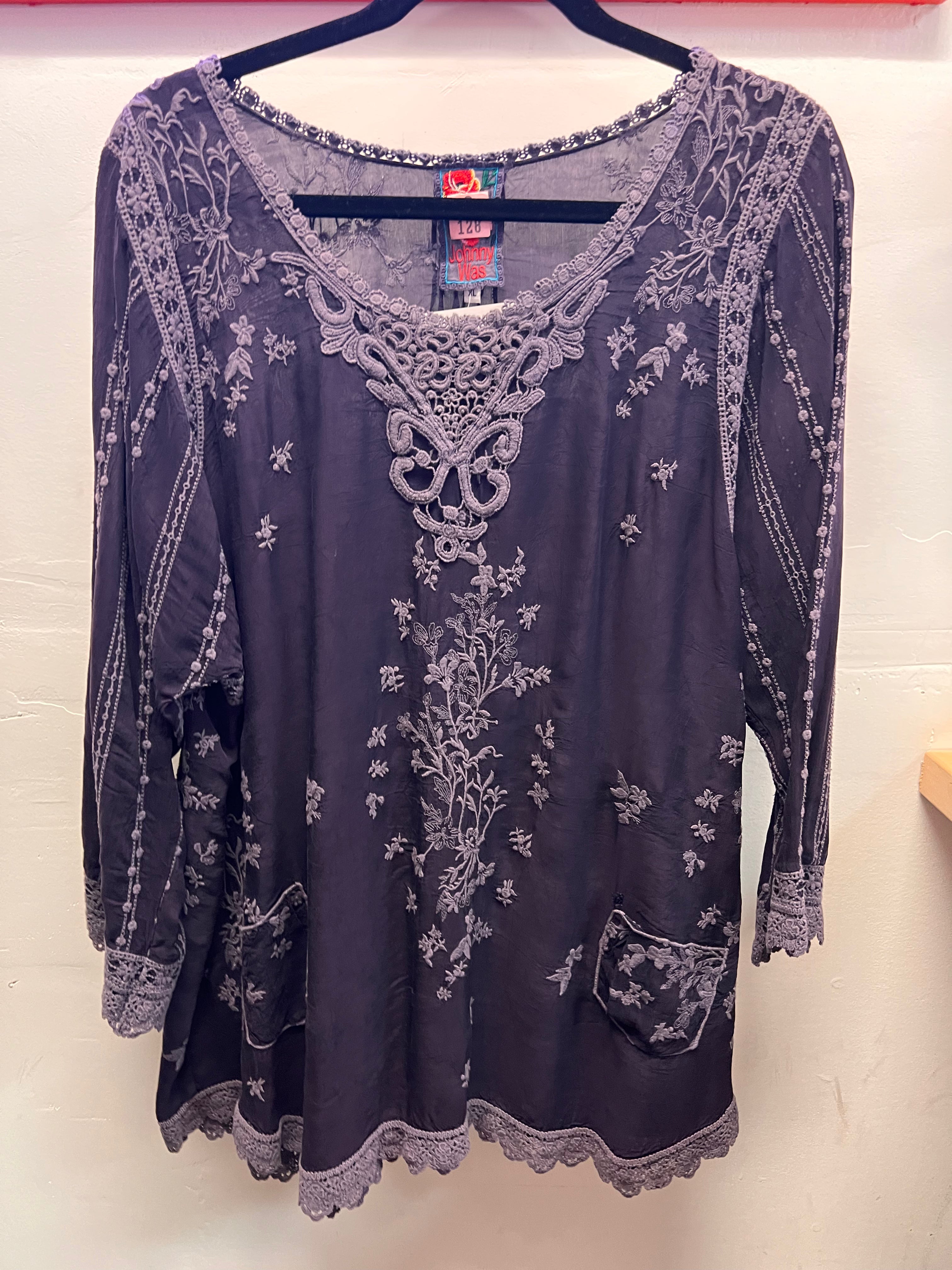 Johnny Was Purple Heavily Embroidered Blouse