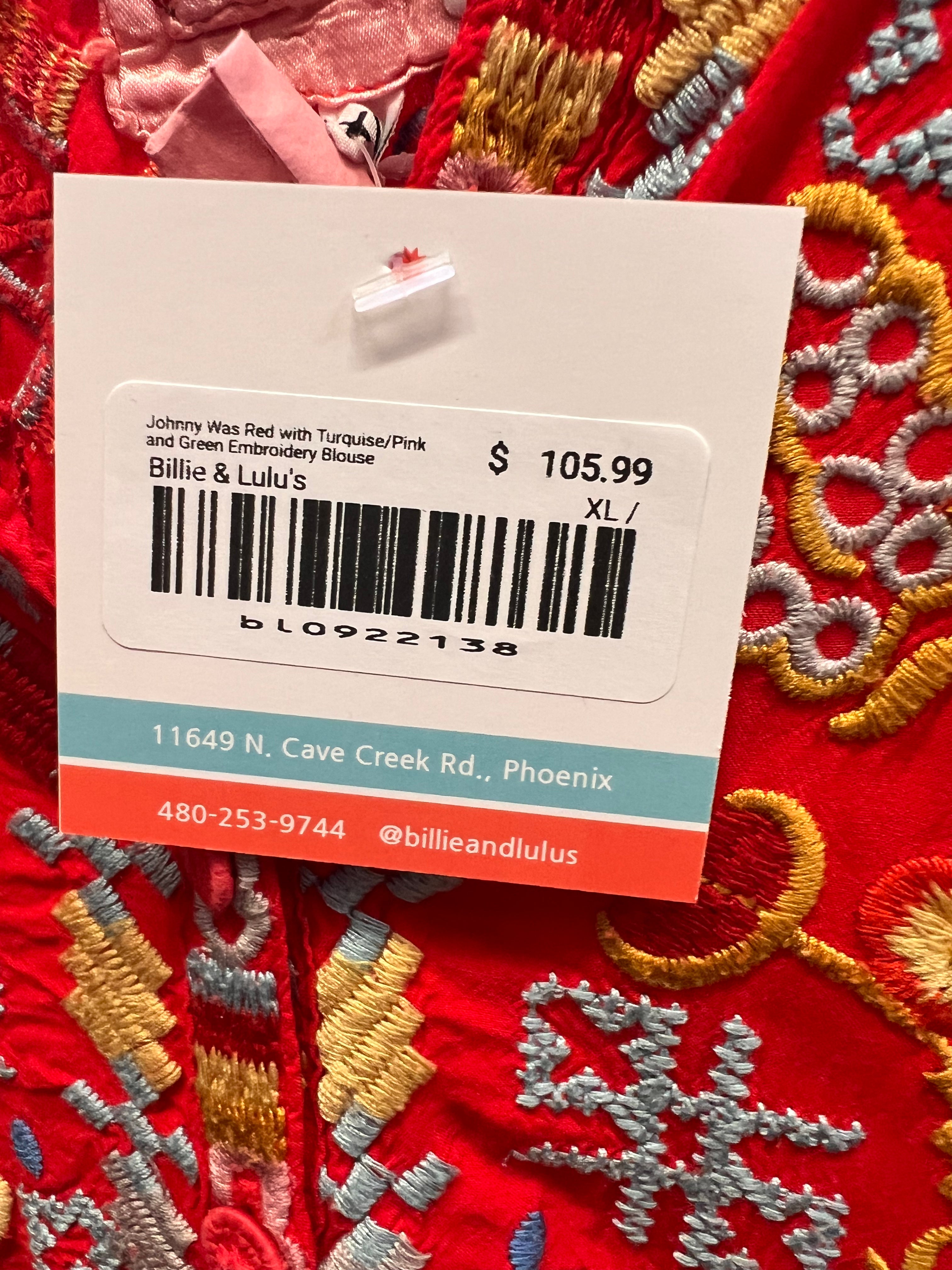 Johnny Was Red with Turquise/Pink and Green Embroidery Blouse