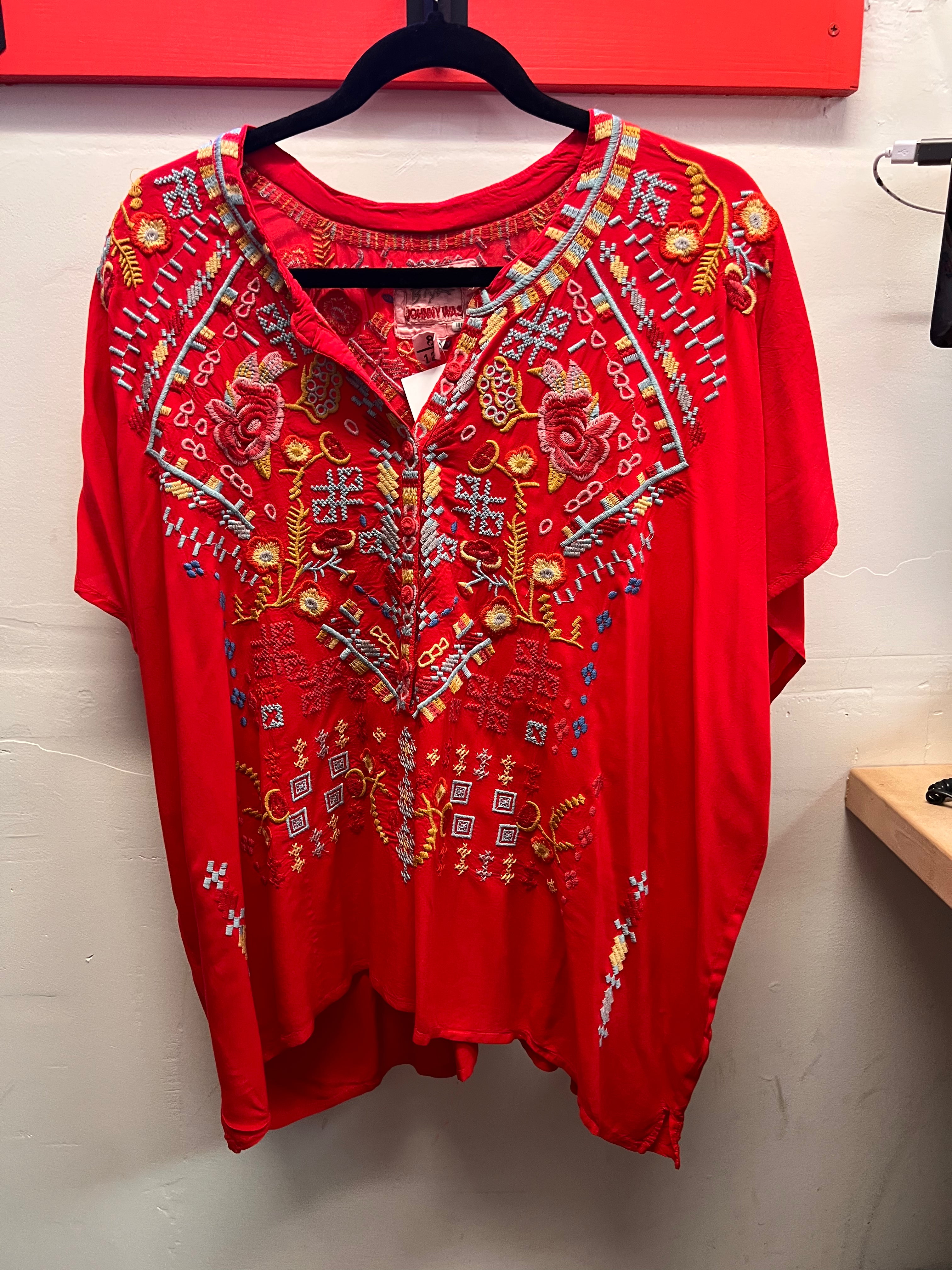 Johnny Was Red with Turquise/Pink and Green Embroidery Blouse