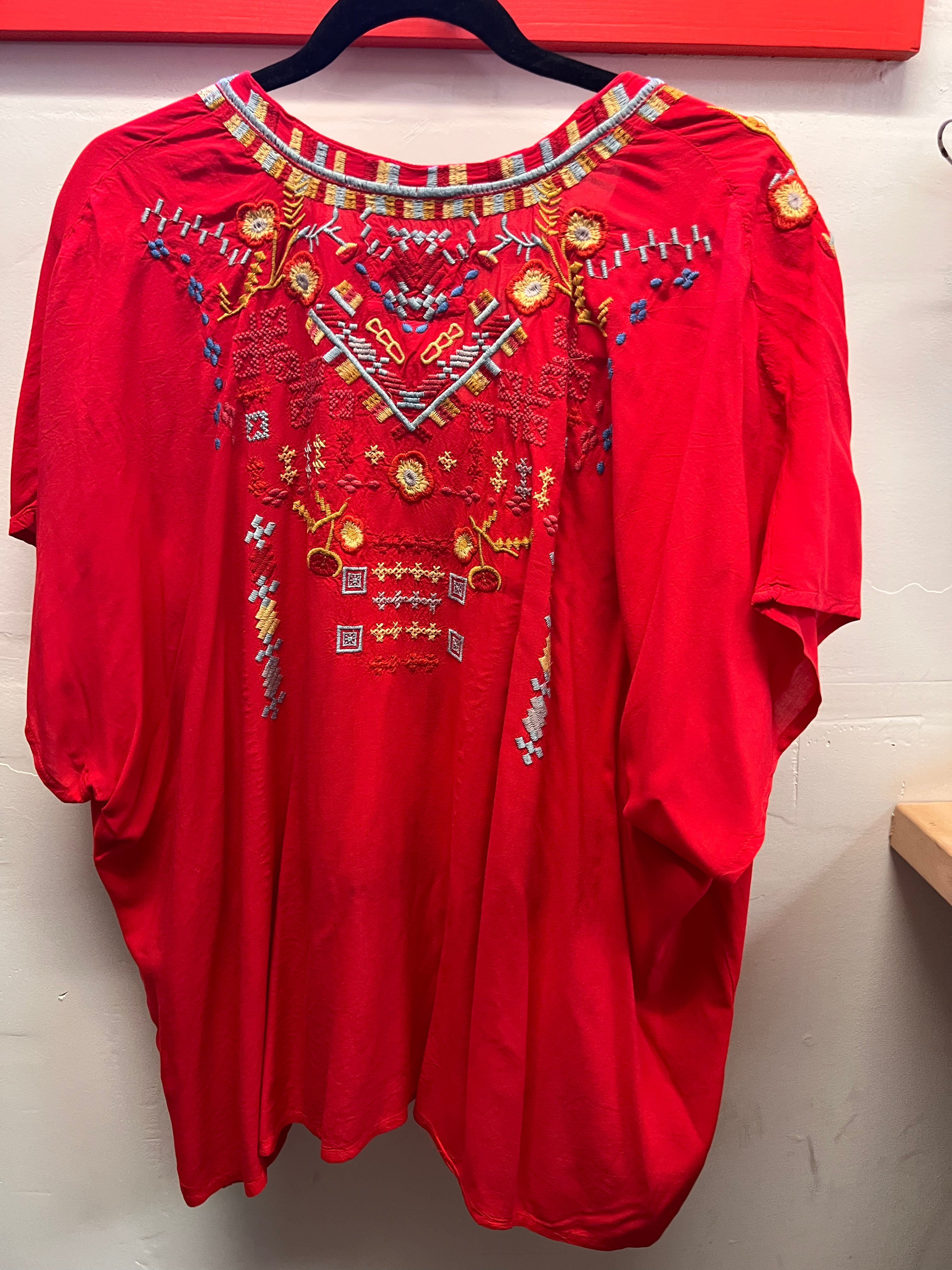 Johnny Was Red with Turquise/Pink and Green Embroidery Blouse