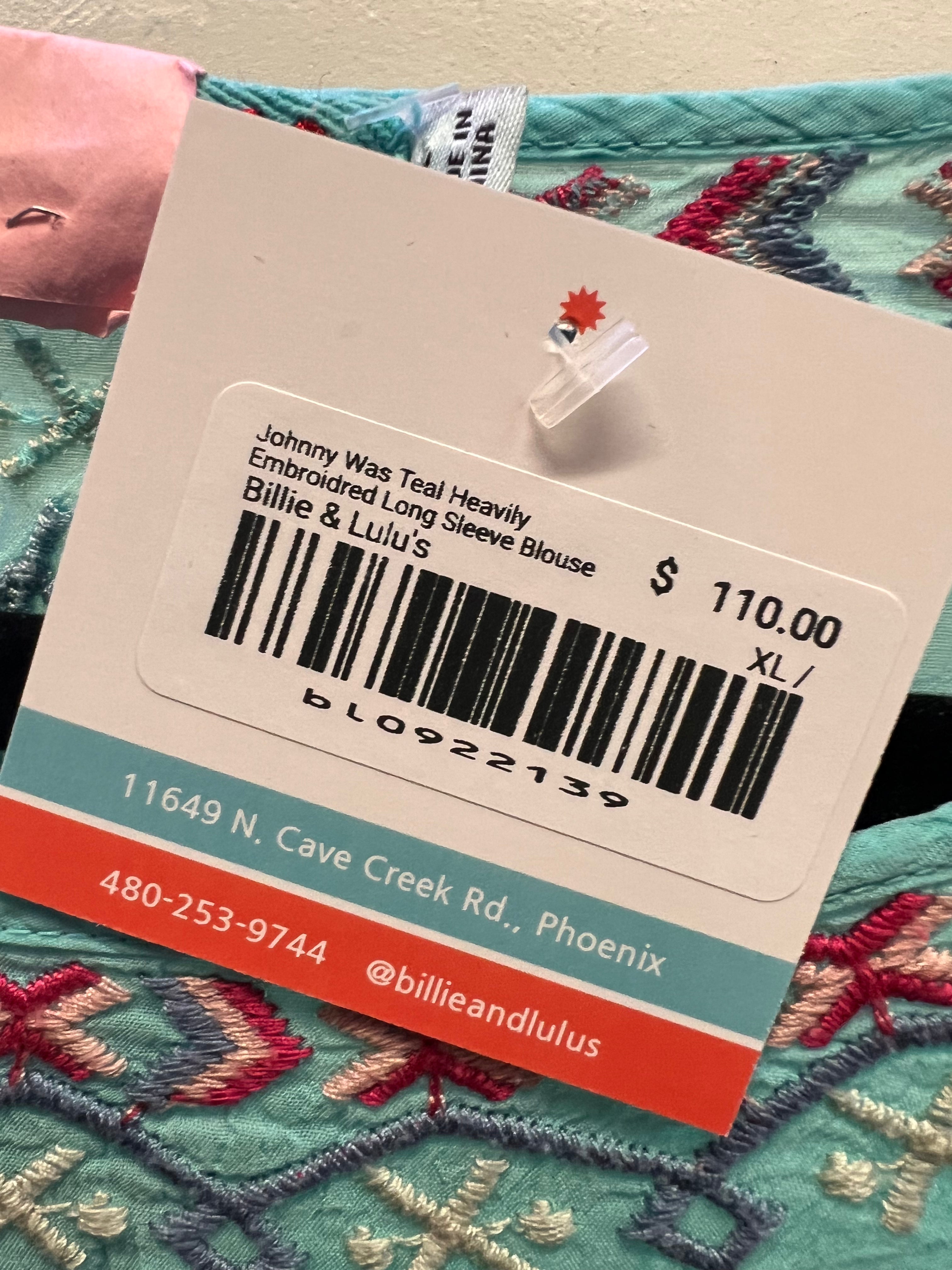 Johnny Was Teal Heavily Embroidred Long Sleeve Blouse