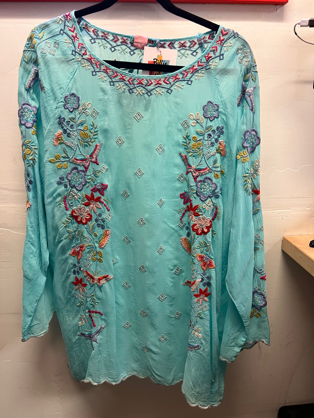 Johnny Was Teal Heavily Embroidred Long Sleeve Blouse