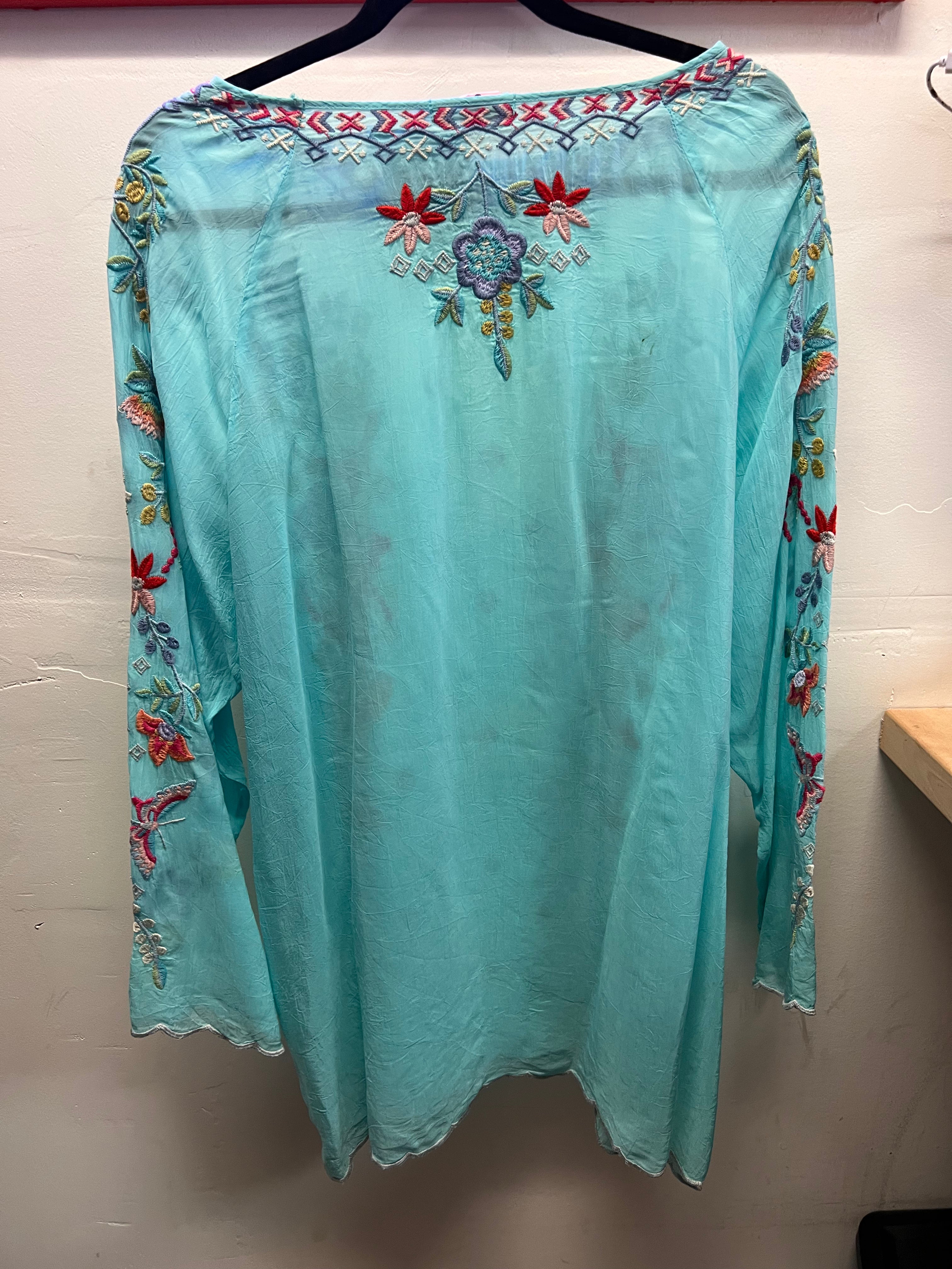 Johnny Was Teal Heavily Embroidred Long Sleeve Blouse