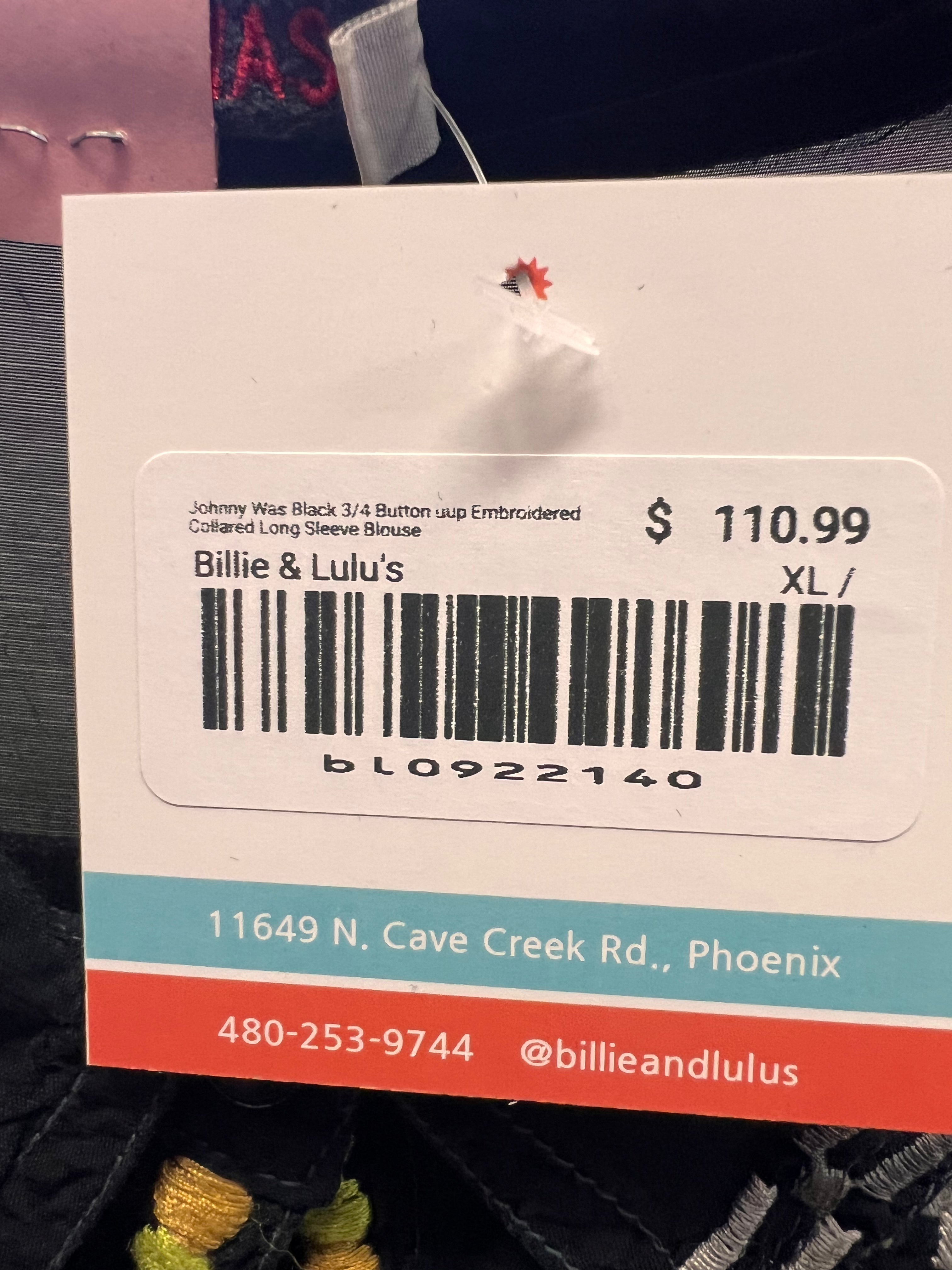 Johnny Was Black 3/4 Button uup Embroidered Collared Long Sleeve Blouse