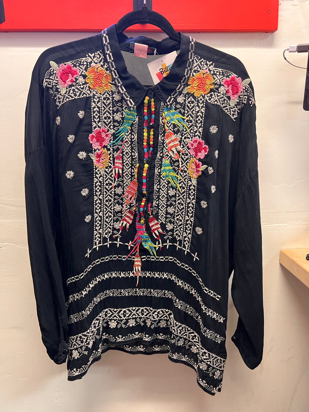 Johnny Was Black 3/4 Button uup Embroidered Collared Long Sleeve Blouse