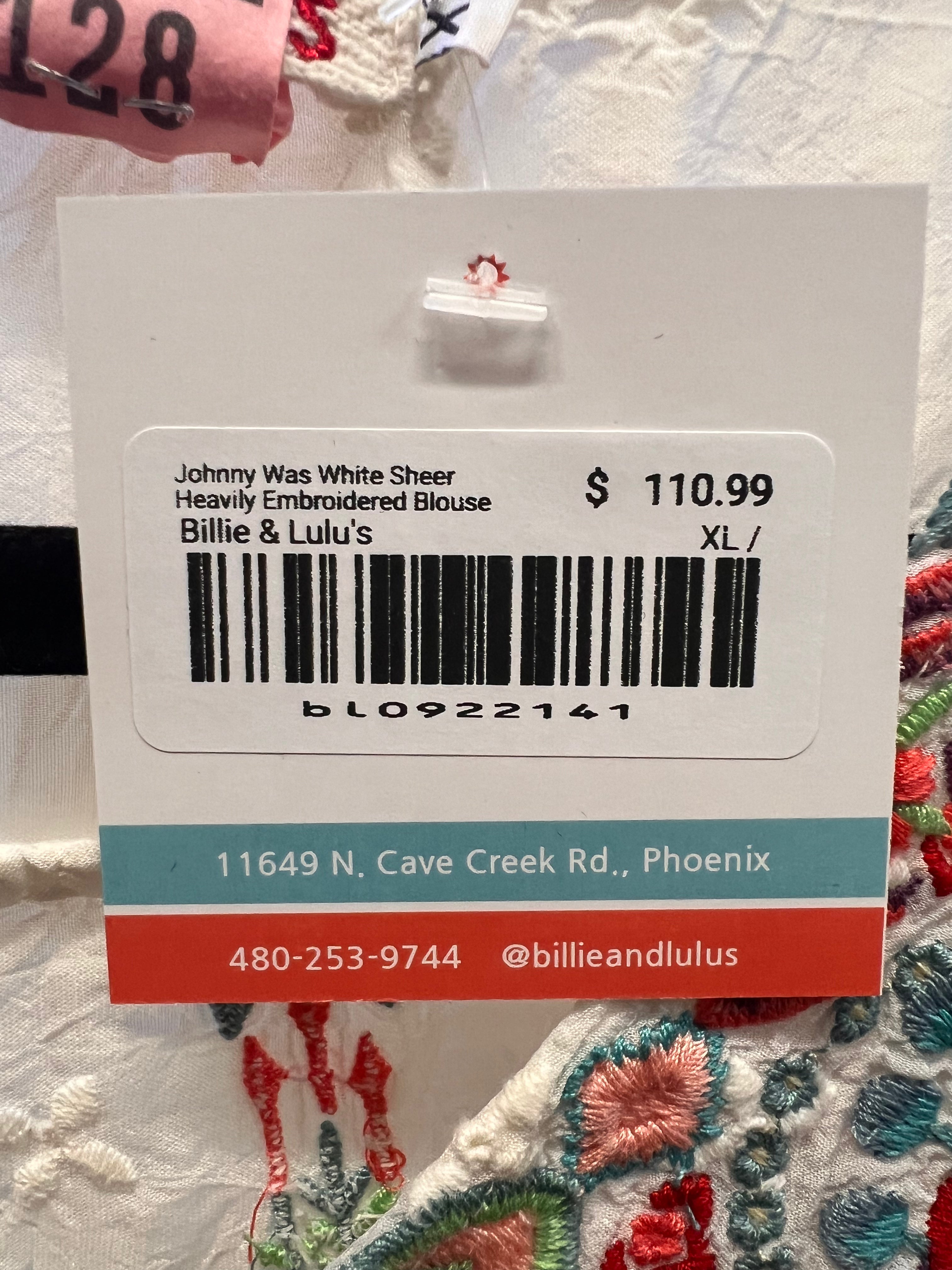 Johnny Was White Sheer Heavily Embroidered Blouse