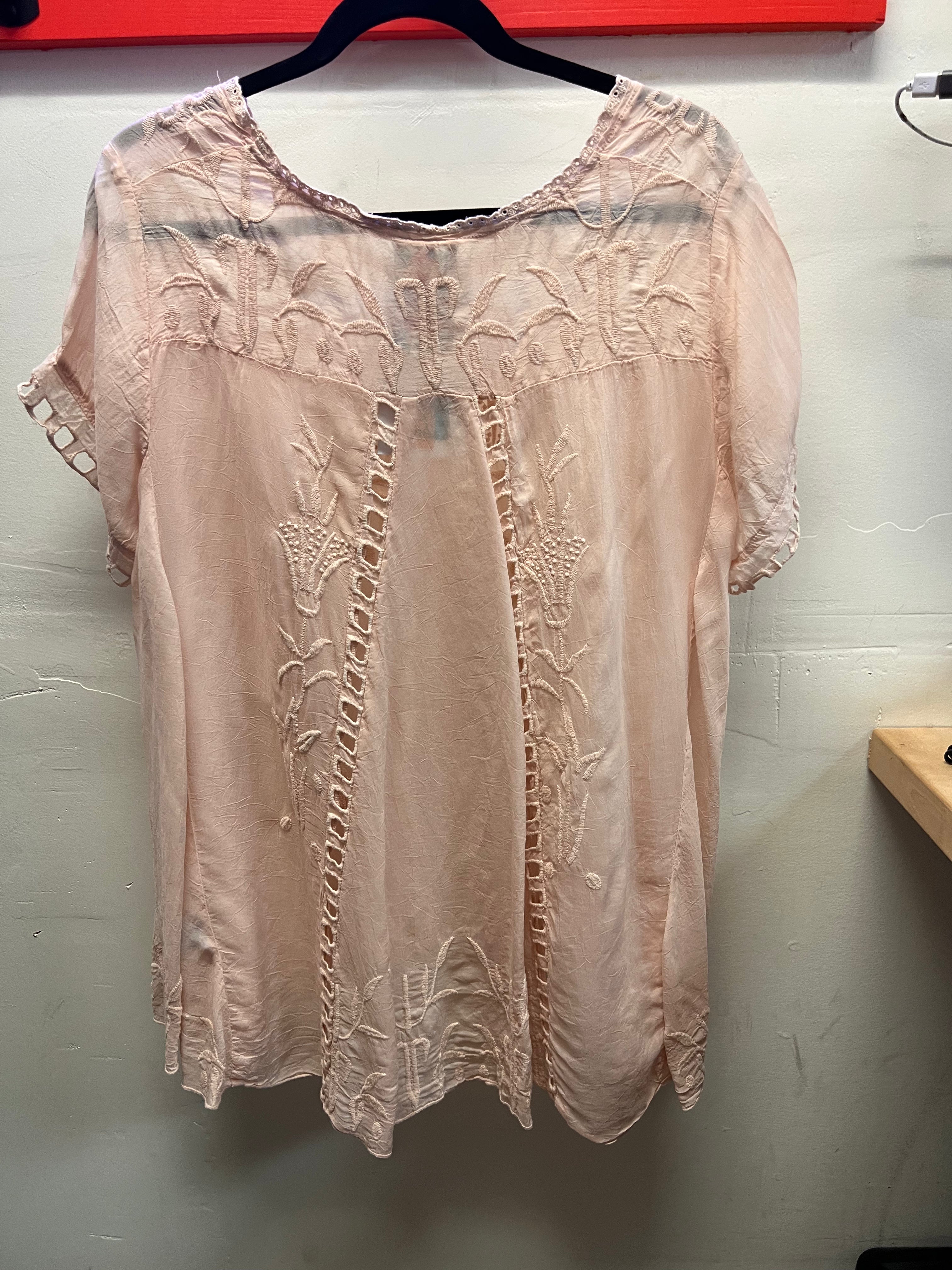 Johnny Was Pink Embroidered and Knit Blouse