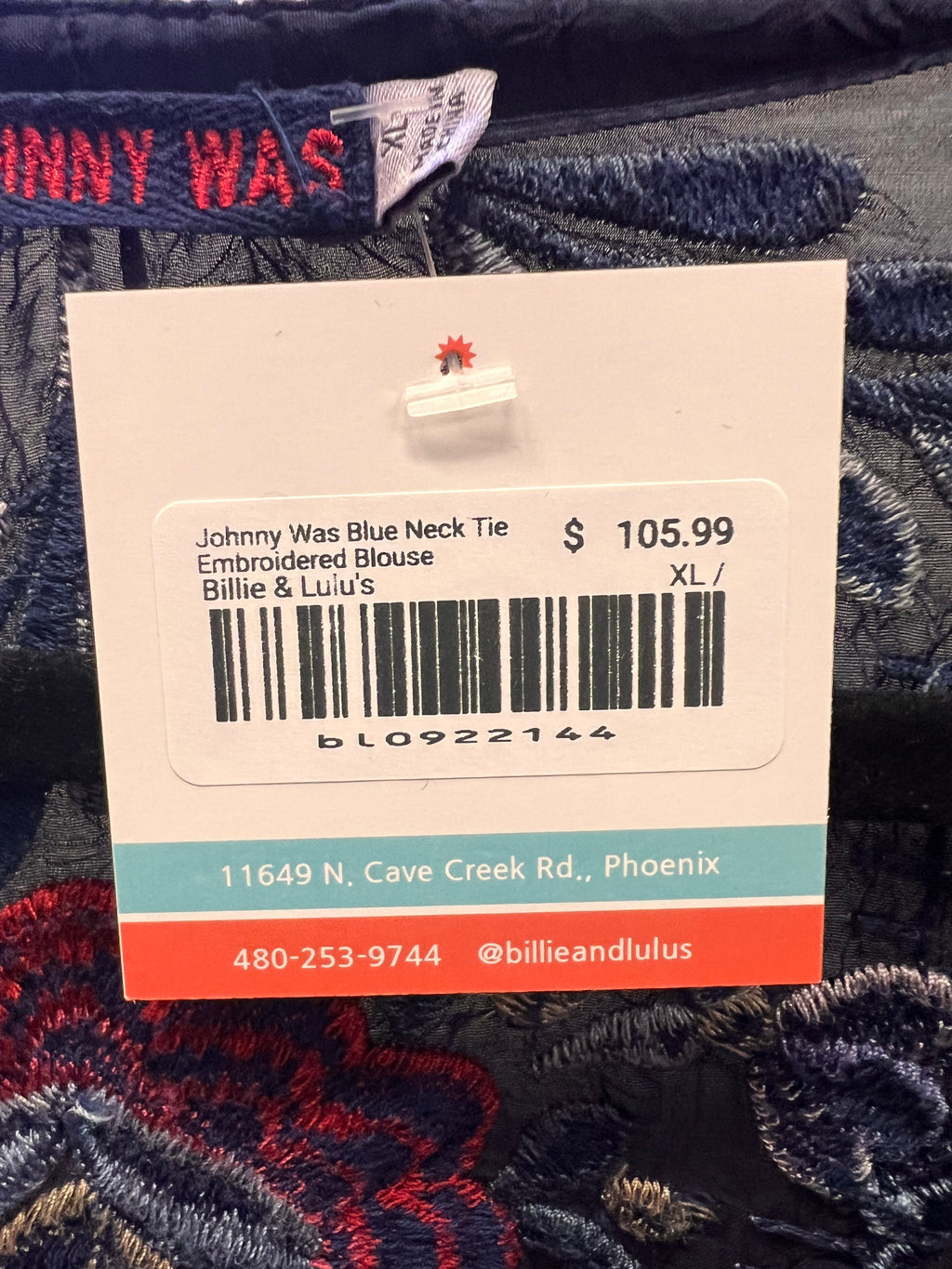 Johnny Was Blue Neck Tie Embroidered Blouse