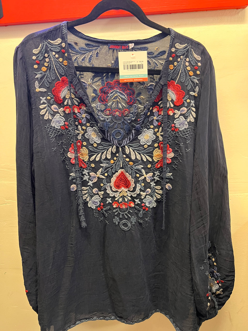 Johnny Was Blue Neck Tie Embroidered Blouse