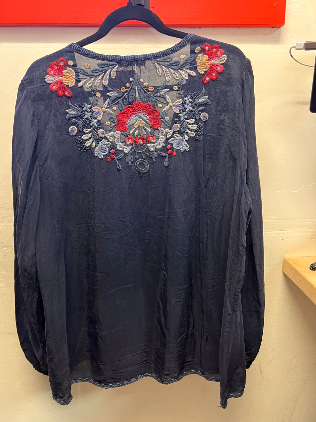 Johnny Was Blue Neck Tie Embroidered Blouse