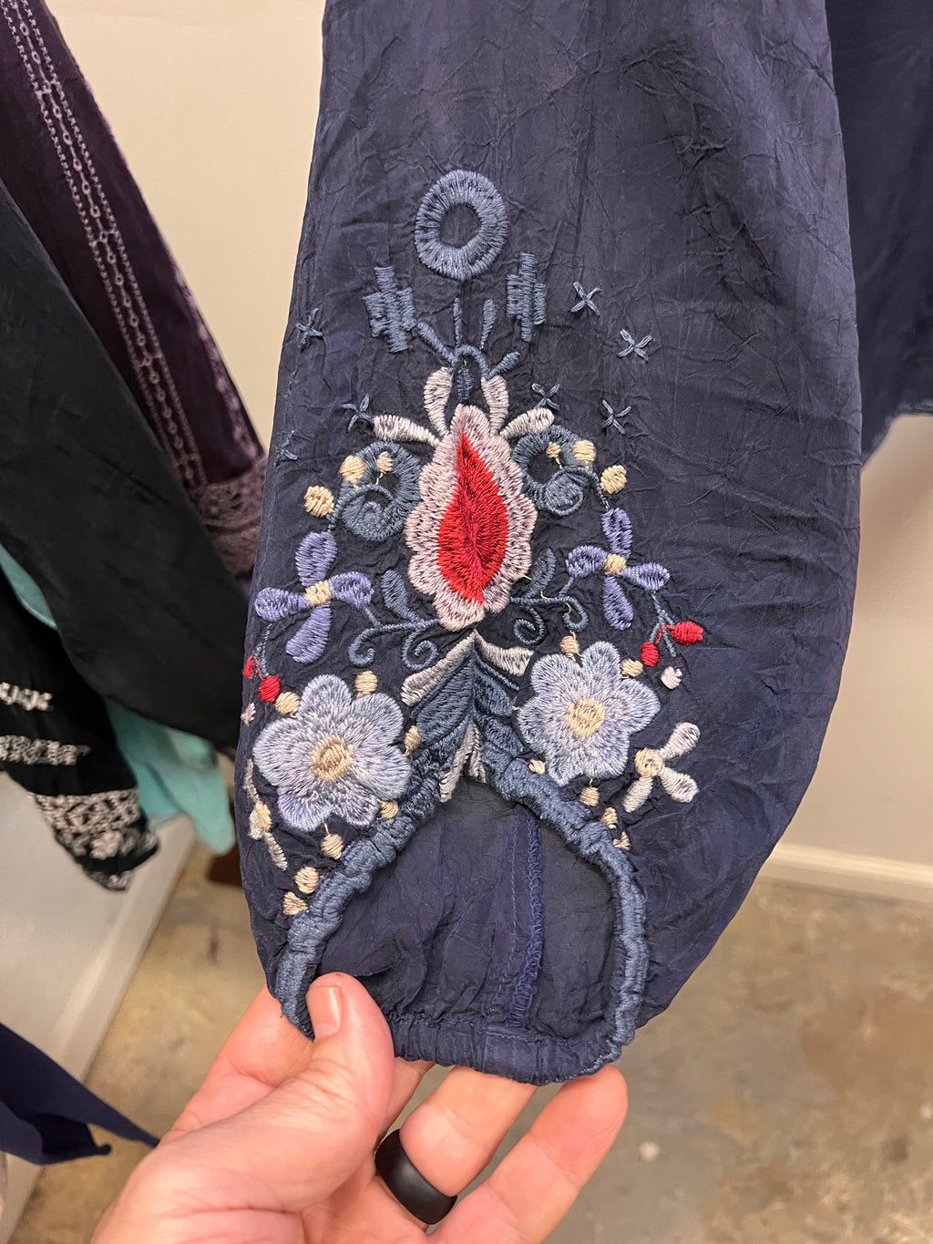 Johnny Was Blue Neck Tie Embroidered Blouse