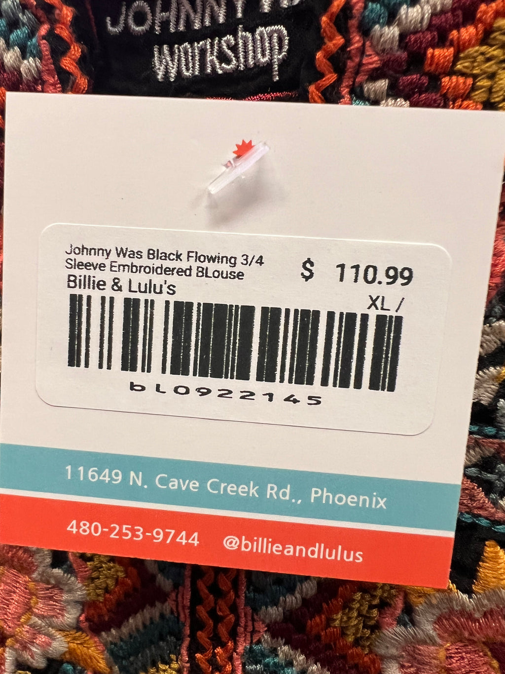 Johnny Was Black Flowing 3/4 Sleeve Embroidered BLouse