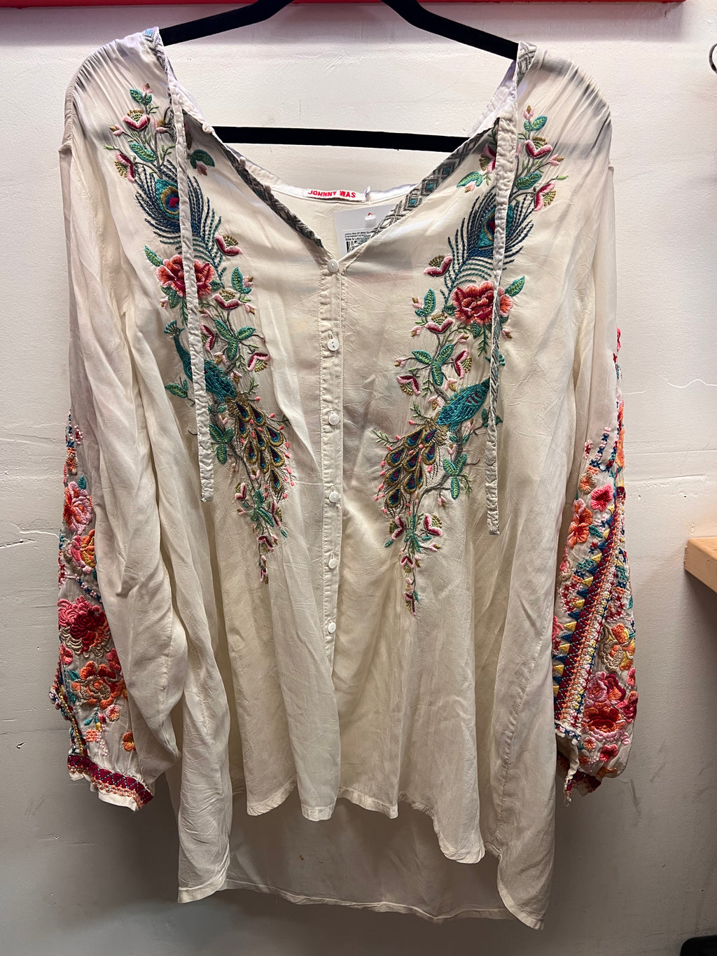 Johnny Was Off White Sheer Embroidered Full Button Blouse