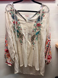 Johnny Was Off White Sheer Embroidered Full Button Blouse