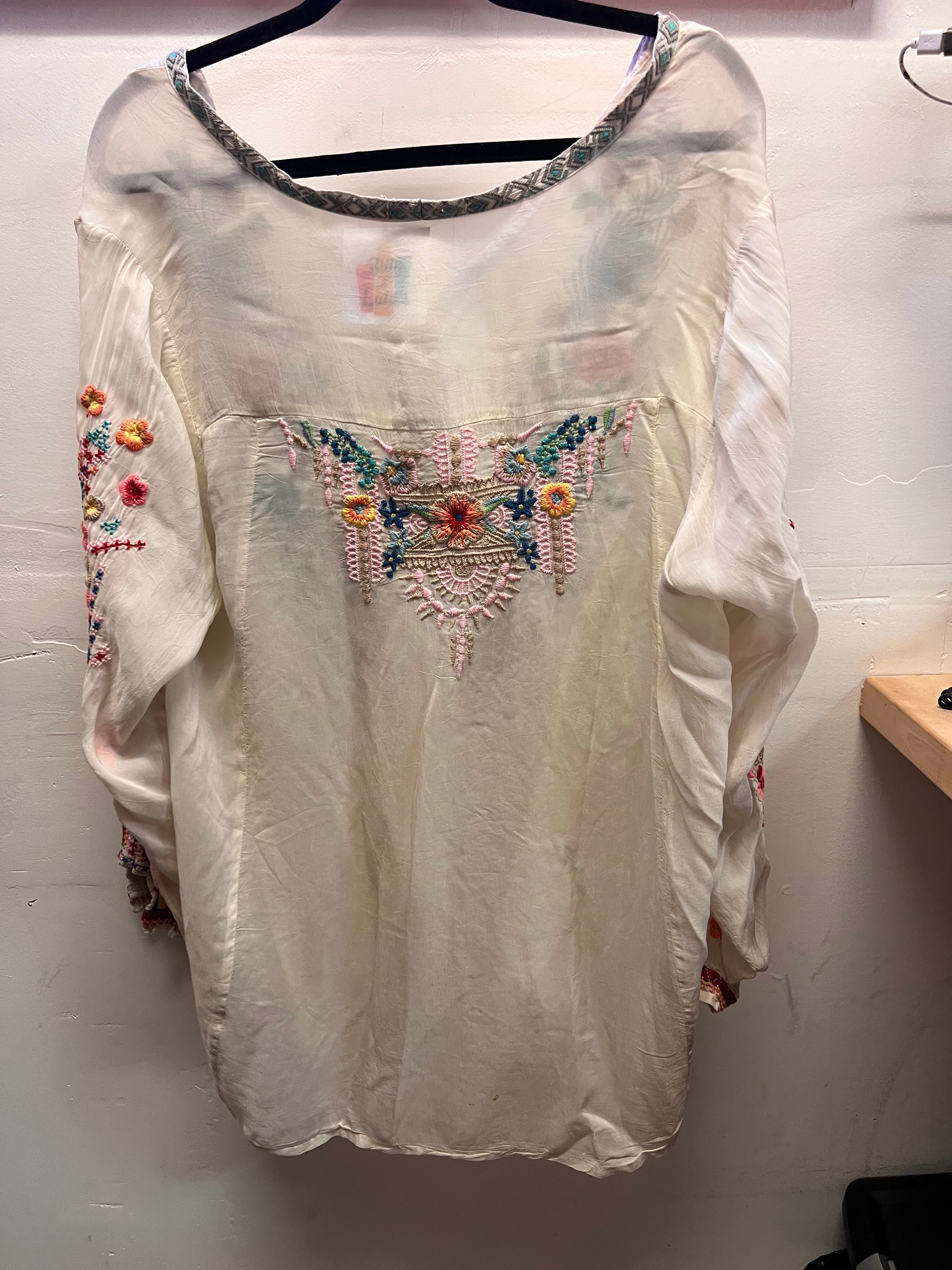 Johnny Was Off White Sheer Embroidered Full Button Blouse
