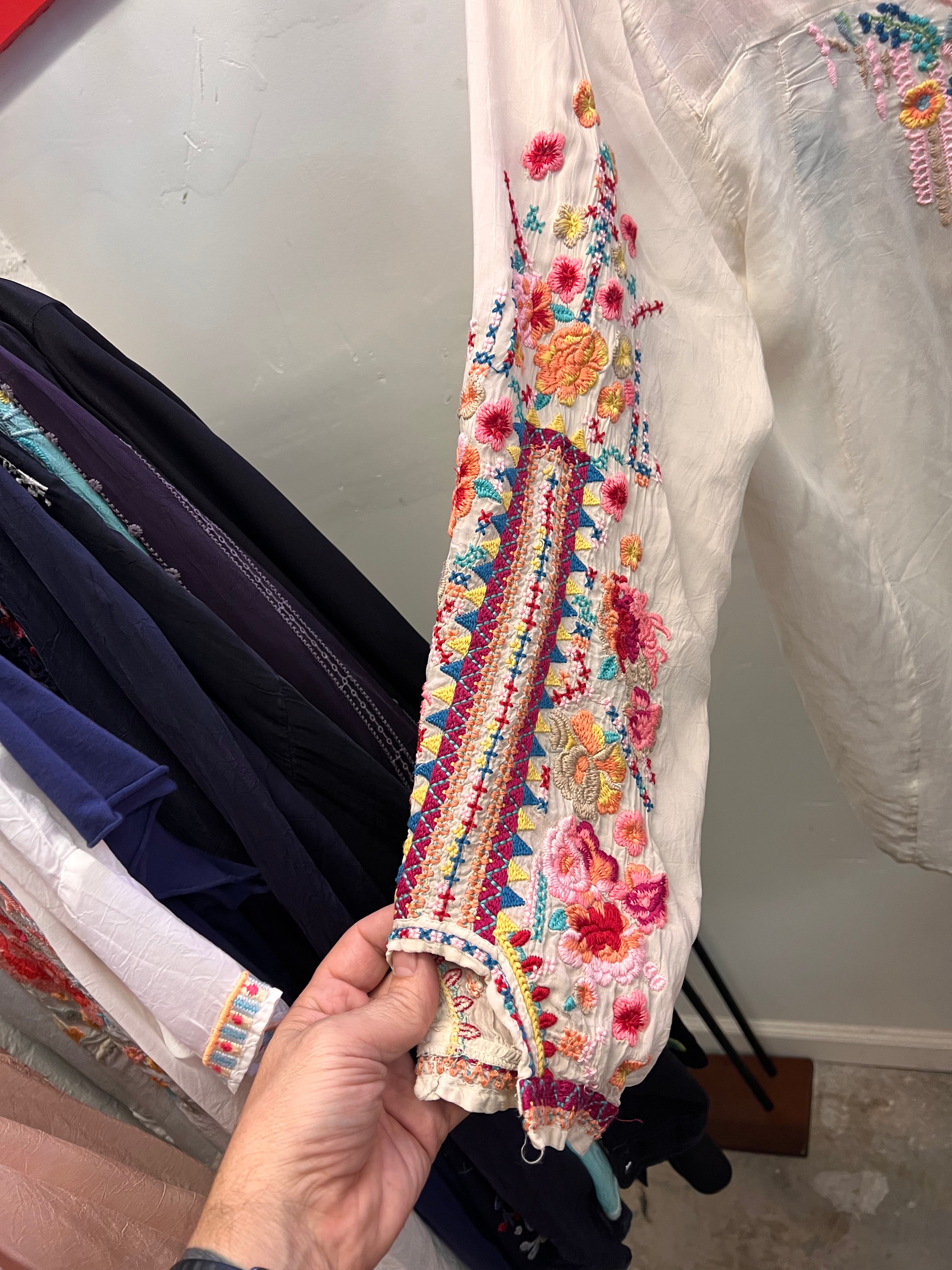 Johnny Was Off White Sheer Embroidered Full Button Blouse