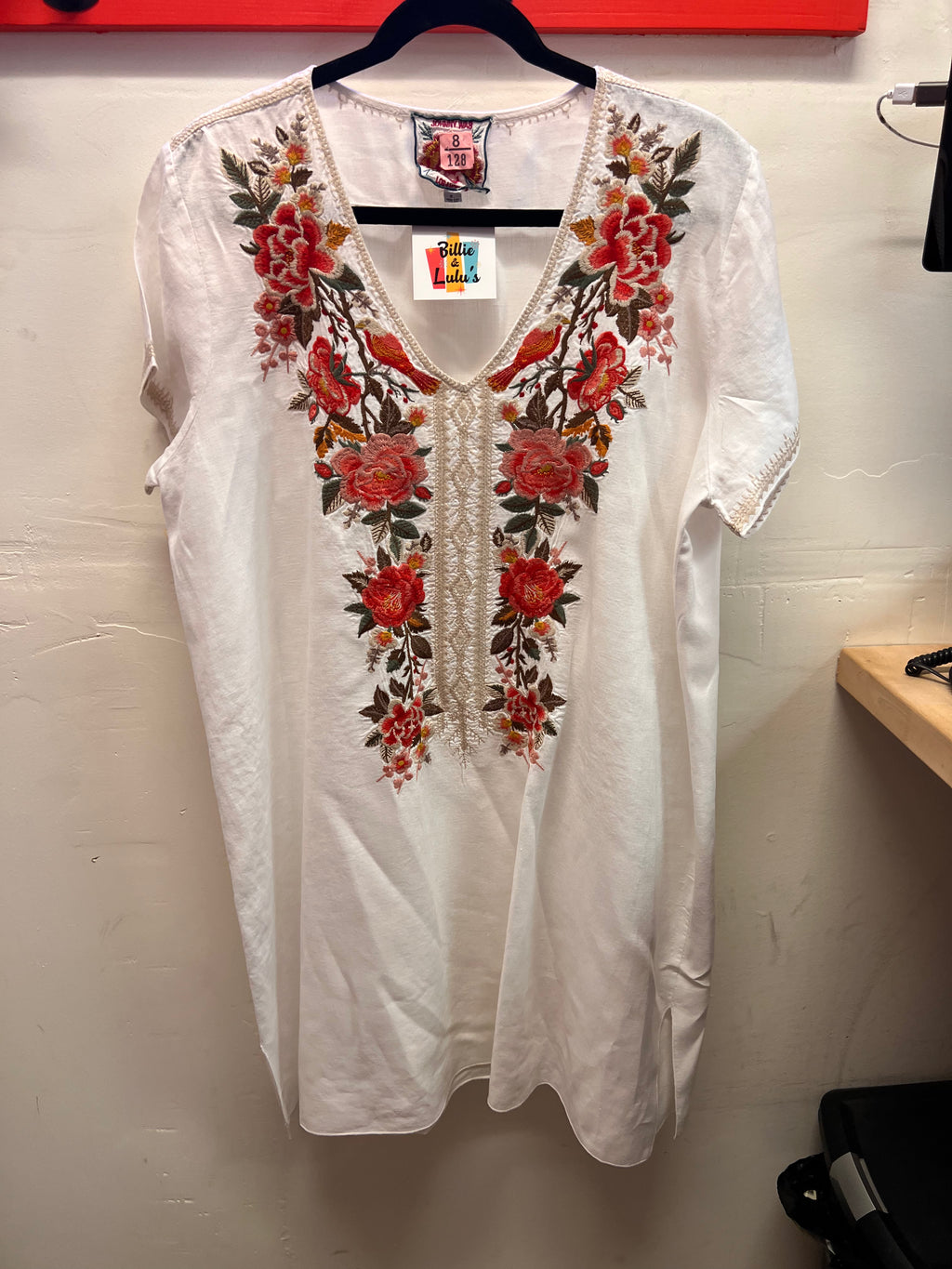 Johnny Was White Boho Style Heavy Embroidered Short Sleeve Blouse