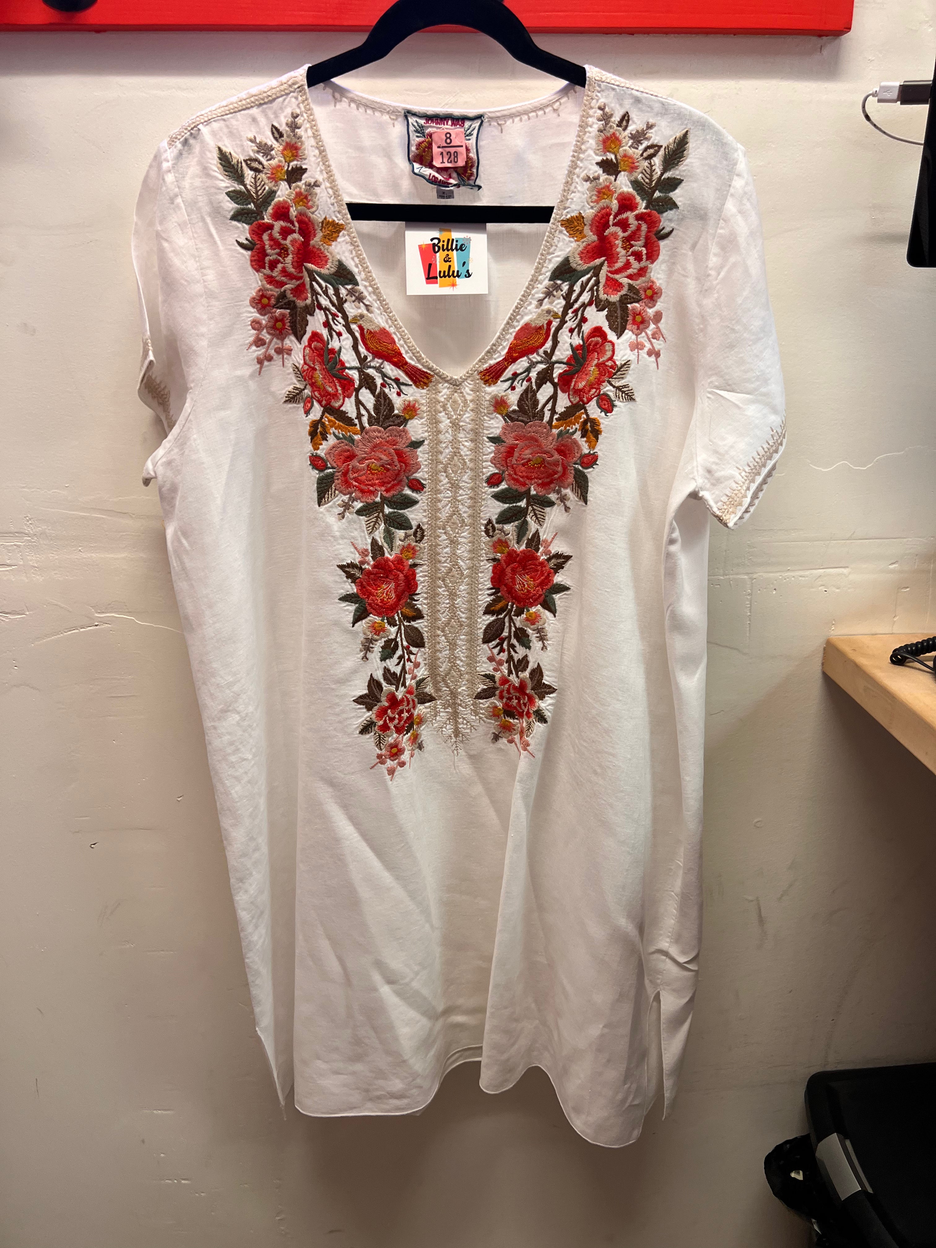Johnny Was White Boho Style Heavy Embroidered Short Sleeve Blouse