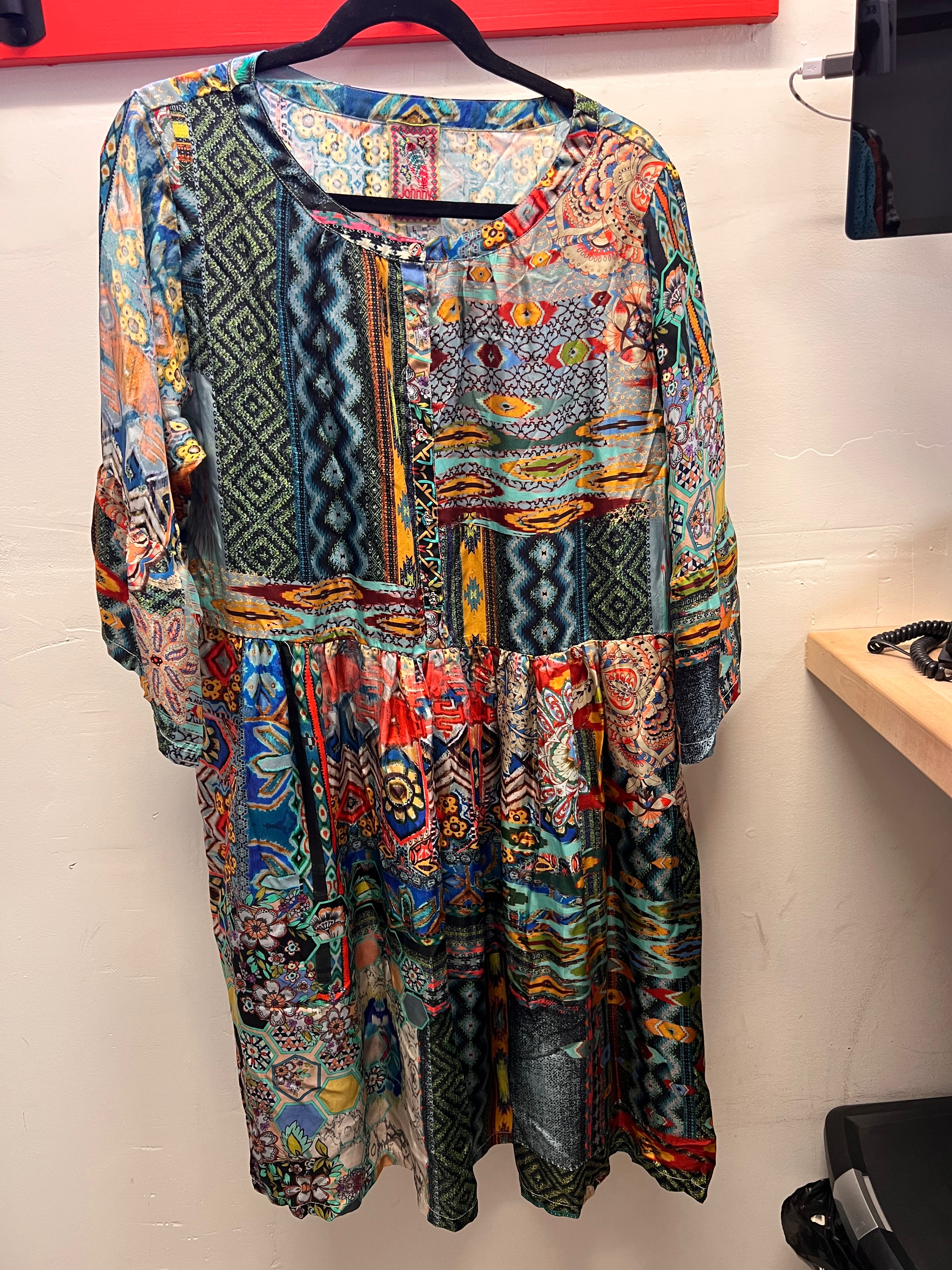 Johnny Was Blue Floral Silky Print Dress