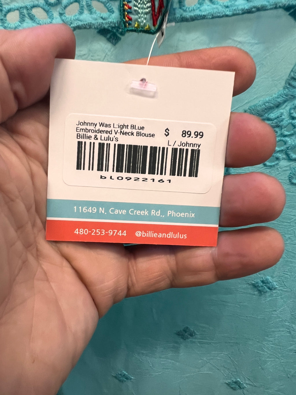 Johnny Was Light Blue Embroidered V-Neck Blouse