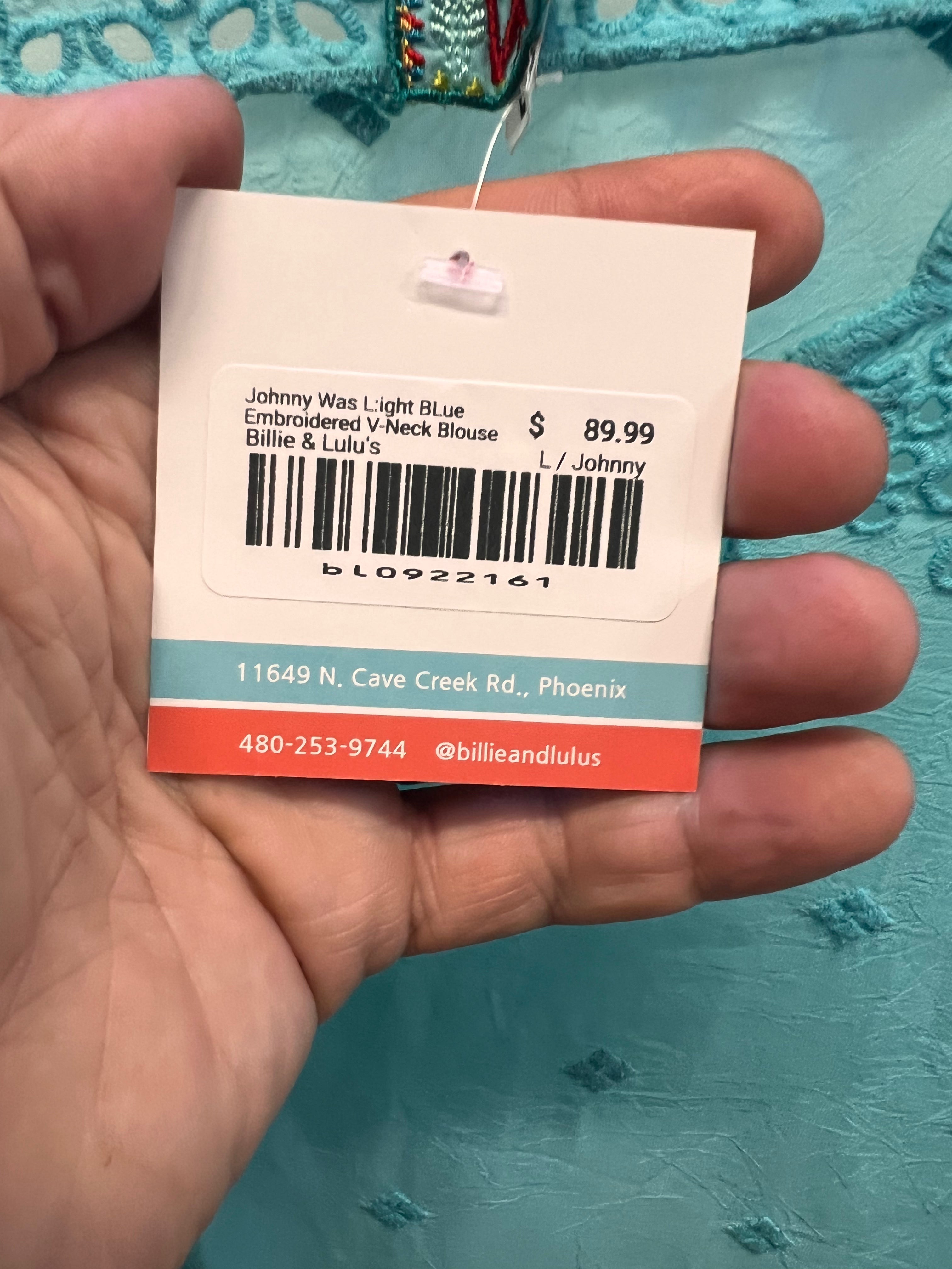 Johnny Was Light Blue Embroidered V-Neck Blouse