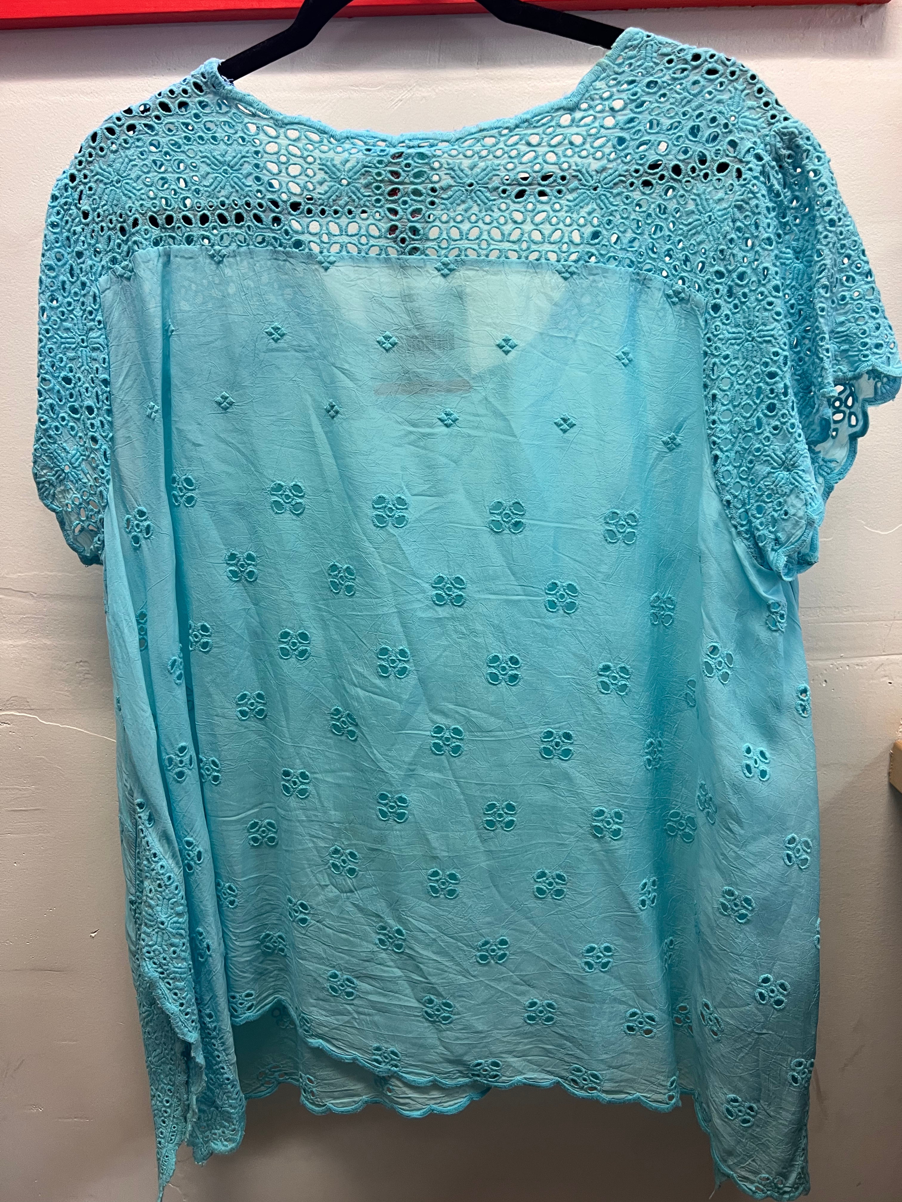 Johnny Was Light Blue Embroidered V-Neck Blouse